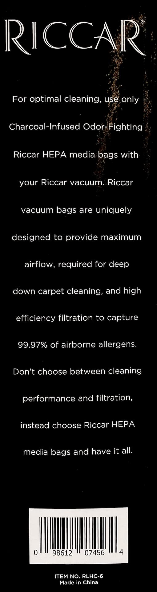 RICCAR RLH-6 HEPA Vacuum Bags for Superlite - Allergy & Pet Hair Cleaning