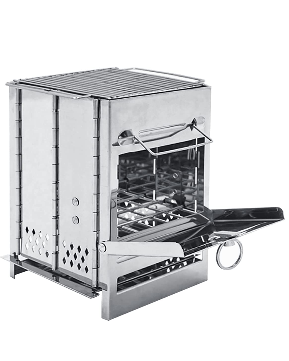 Portable Camping Wood Stove with Grill - Collapsible Stainless Steel Backpacking Burner for Outdoor Cooking | Perfect for Hiking, Hunting, Fishing & Survival Gear | Compact Firebox with Handles for Solo Adventures