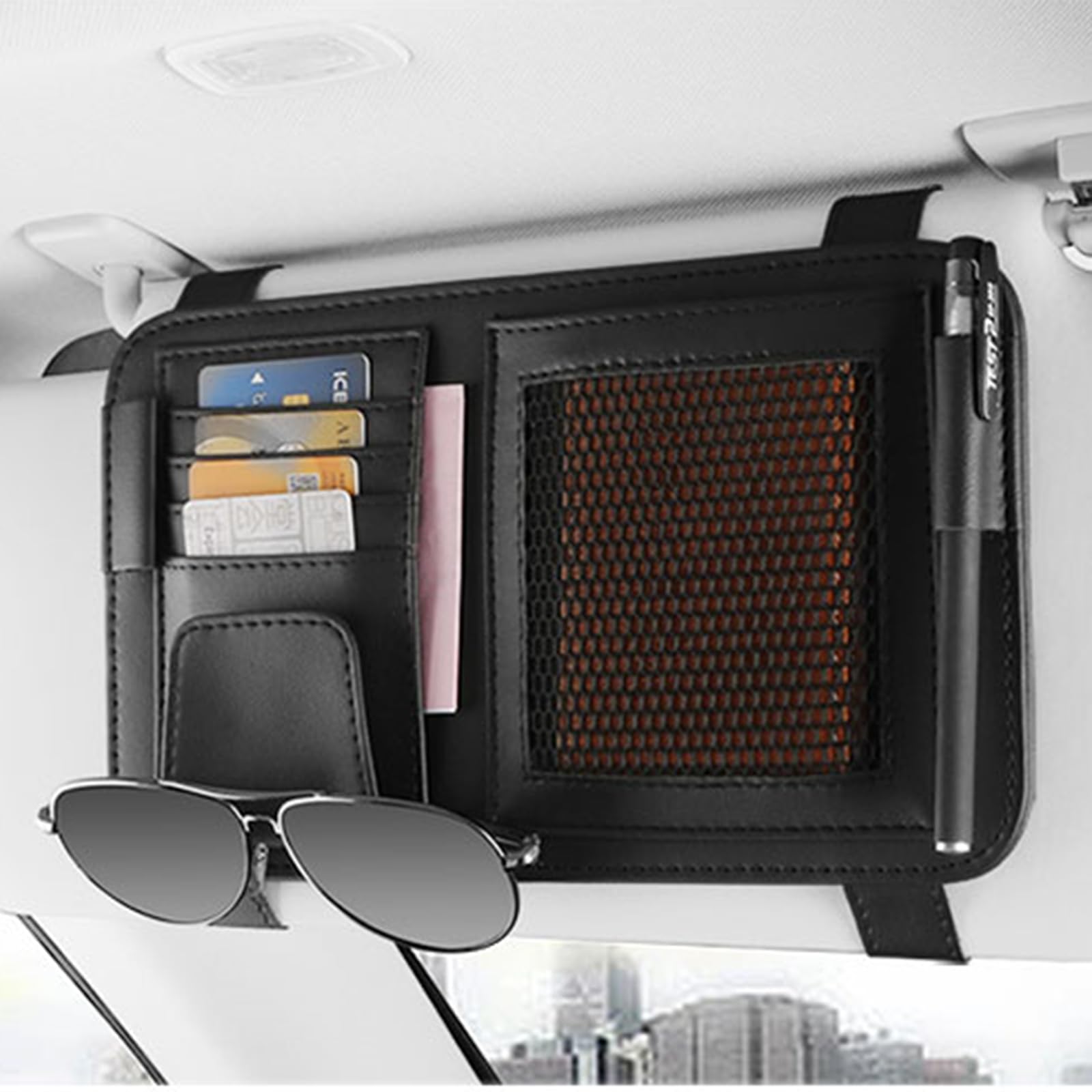 Classic Elegant Modern Car Sun Visor Organizer with Sunglasses Holder & Multi-Pockets - Perfect for Storing Car Registration, License, Insurance Cards, Pens & Keys | Ideal for Road Trips & Daily Commute