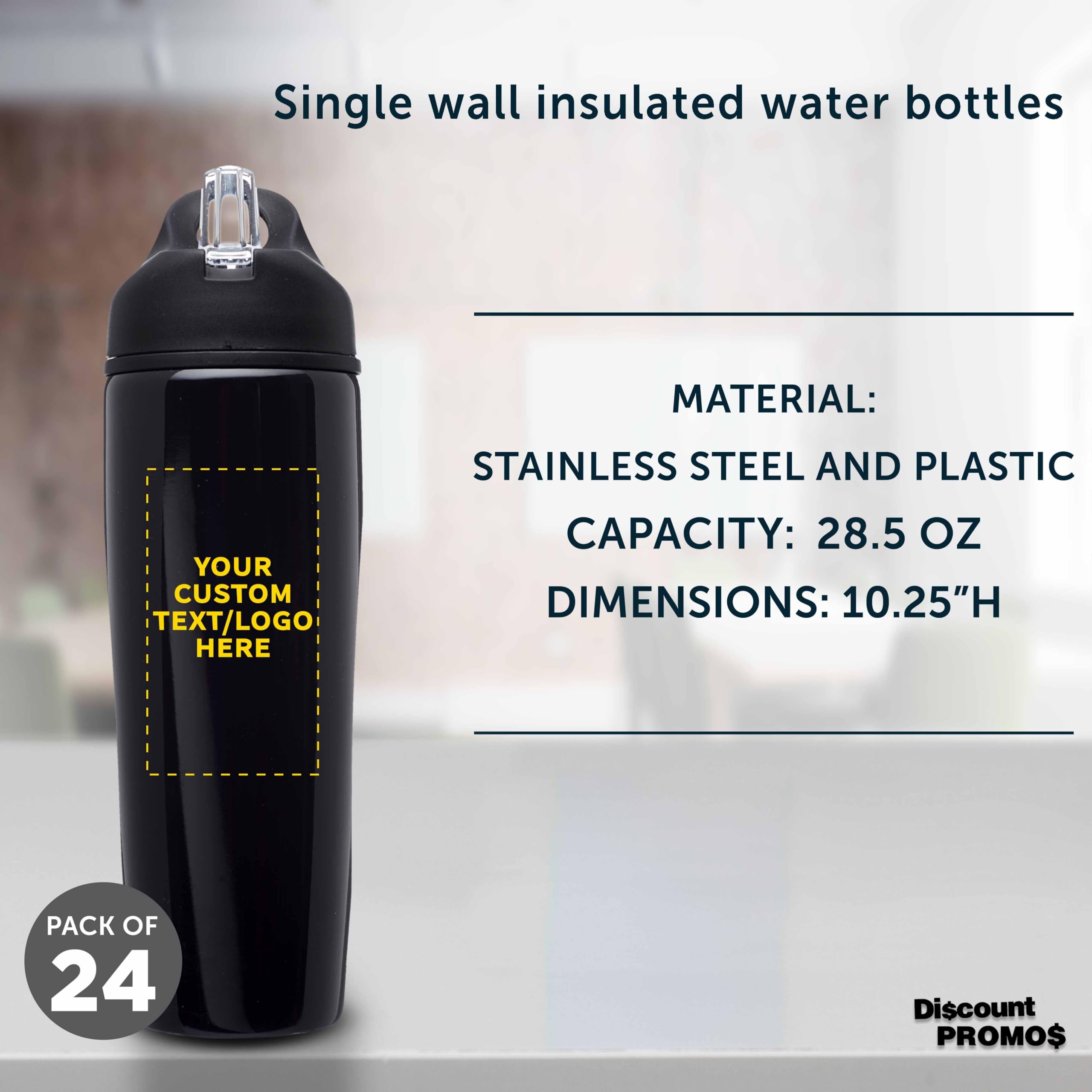 Custom Stainless Steel Water Bottle 24 Pack - Personalized Text & Logo - 28.5oz Metal Sports Bottles with Flip Top Lid - Easy Carry Handle - Black - Perfect for Team Sports, Gym, Outdoor Activities & Corporate Gifts