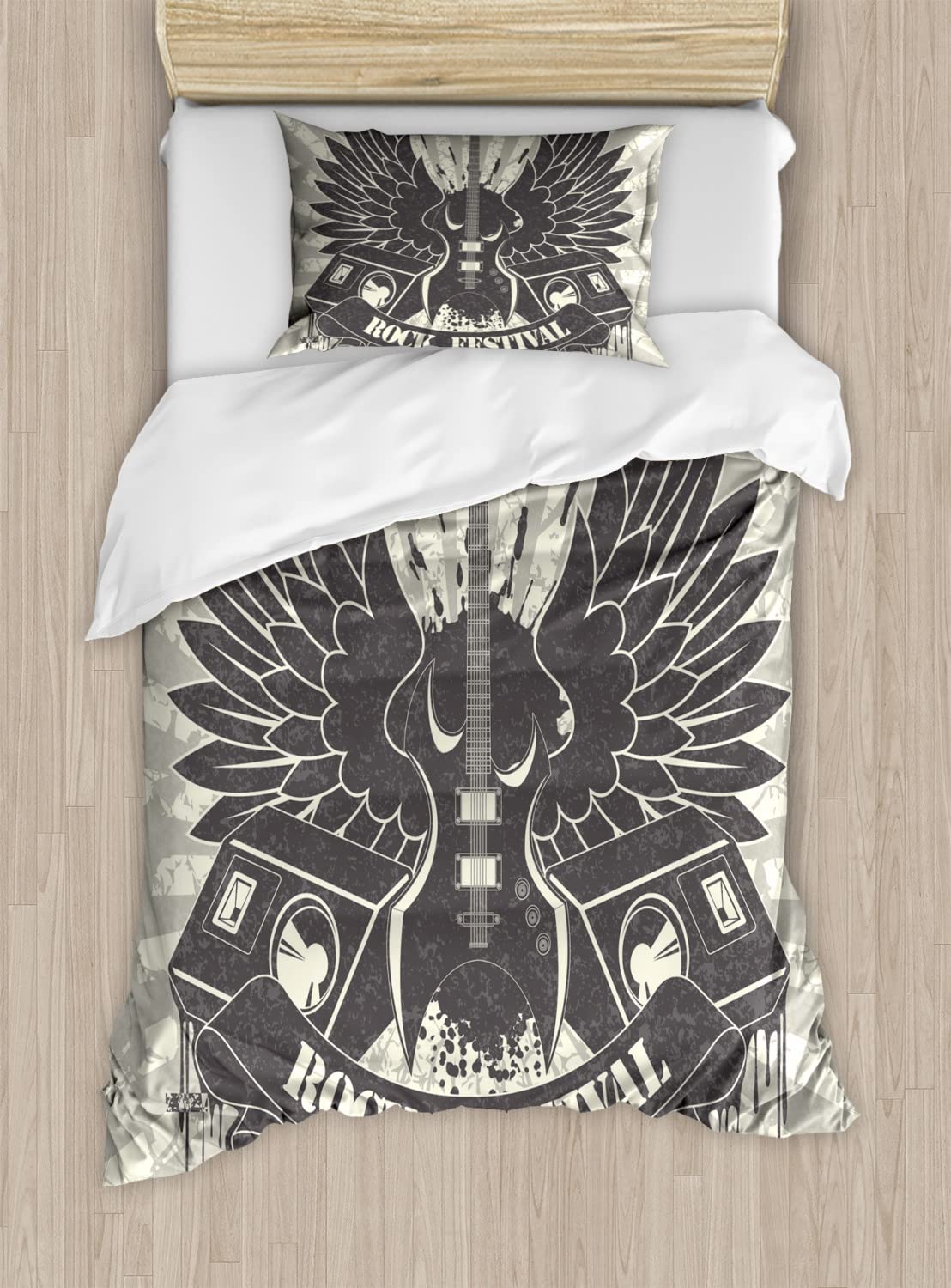 Ambesonne Rock Music Duvet Cover Set - Striped Instrument Wings Speakers Design, Hipster Rock and Roll Bedding, 2-Pack Twin Size in Taupe Dust Cream, Perfect for Teen Bedrooms & Music Lovers
