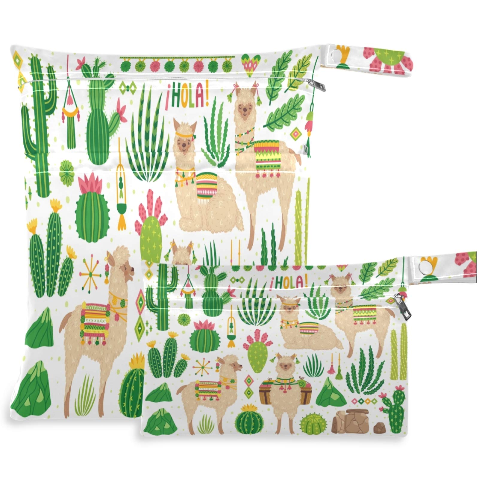 Visesunny 2-Pack Cute Llama Cactus Wet Bags with Zippered Pockets | Reusable Washable Waterproof Storage Pouch for Travel, Beach, Pool, Gym | Perfect for Diapers, Swimsuits, Toiletries & Dirty Clothes | Daycare, Stroller & Sports Essentials