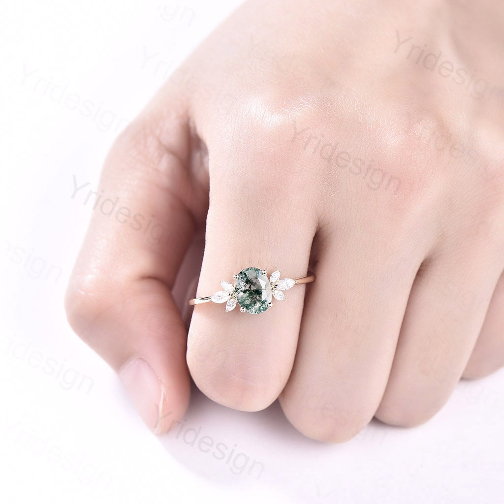 1.5CT Oval Natural Moss Agate Engagement Ring with Diamond Accents | Vintage Art Deco Wedding Band | Green Crystal Anniversary Jewelry for Women | Perfect for Proposals, Weddings & Special Occasions