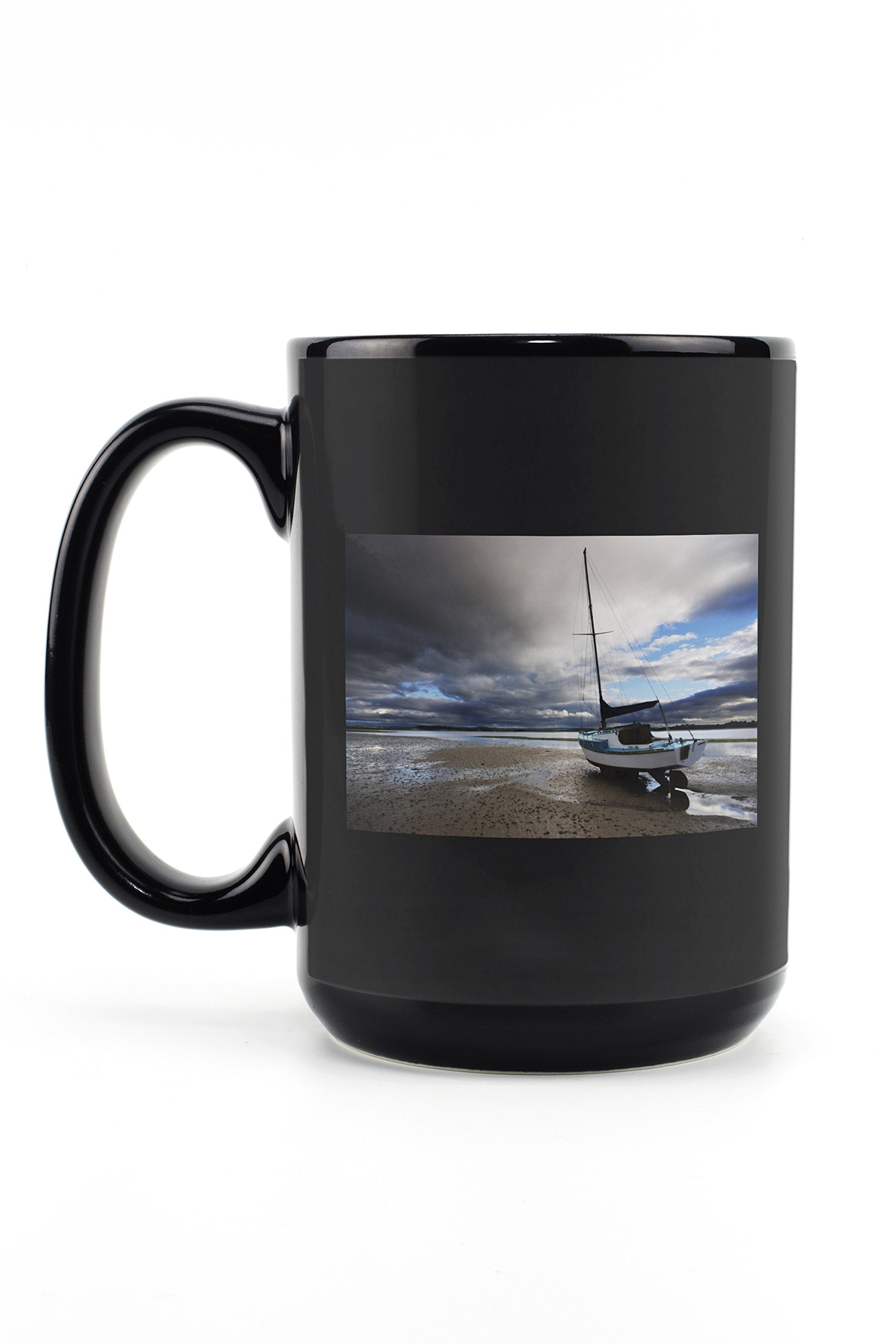 Beached Sailboat 15oz Black Ceramic Coffee Mug - Microwave & Dishwasher Safe - Perfect for Home, Office & Camping Use