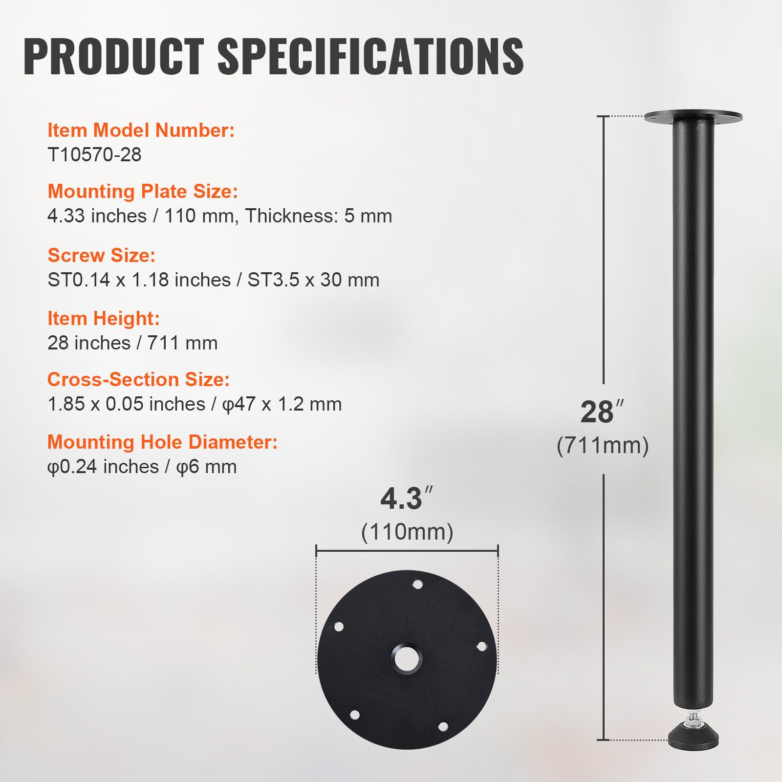 VEVOR 28 Inch Adjustable Desk Legs - Heavy Duty Steel Office Table Legs Set of 4 (1200 lbs Capacity) for DIY Standing Desk, Workbench & Home Office Furniture - Quick Installation with Adjustable Foot Cup (Black) - Perfect for Workspace, Gaming Setup & Study Room