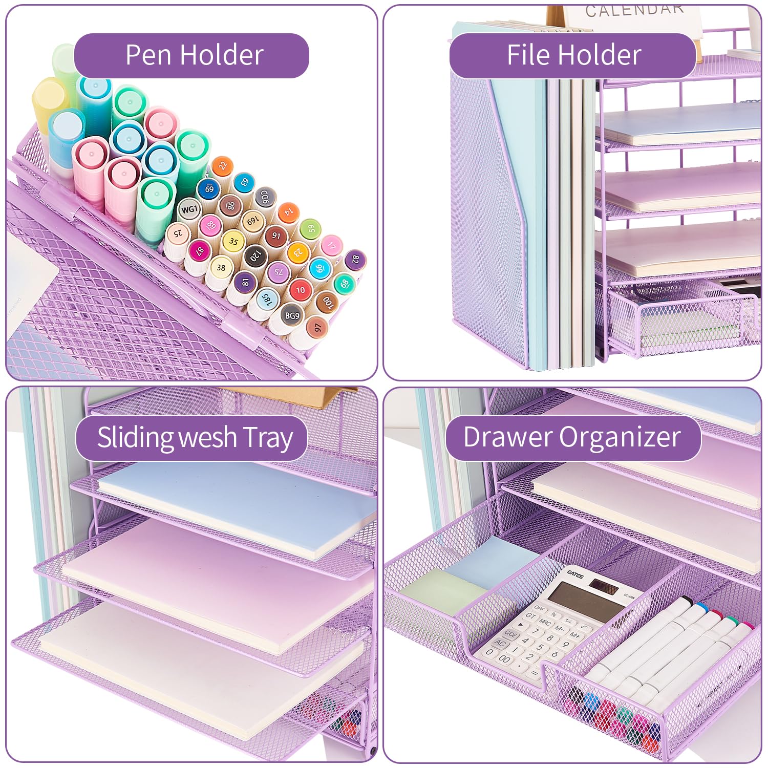 5-Tier Metal Desk Organizer with File Holder, Drawer & Pen Holder - Purple Office & Classroom Organization Accessory for Paper, Letters & School Supplies | Perfect for Home, Office & Study Spaces