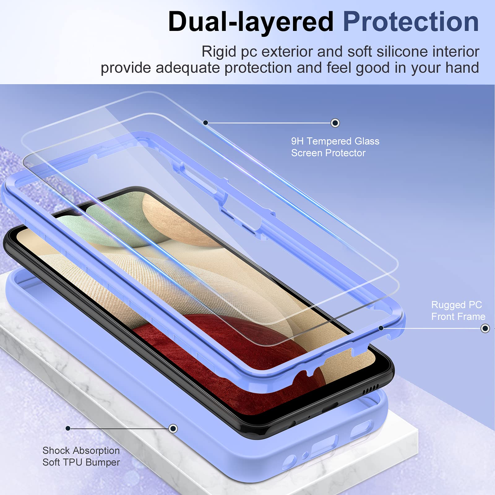 Shockproof Samsung Galaxy A12 5G Phone Case with 2 Tempered Glass Screen Protectors - Soft Liquid Silicone Hybrid Full Body Protective Cover (Violet) - Perfect for Outdoor Activities, Work & Daily Use