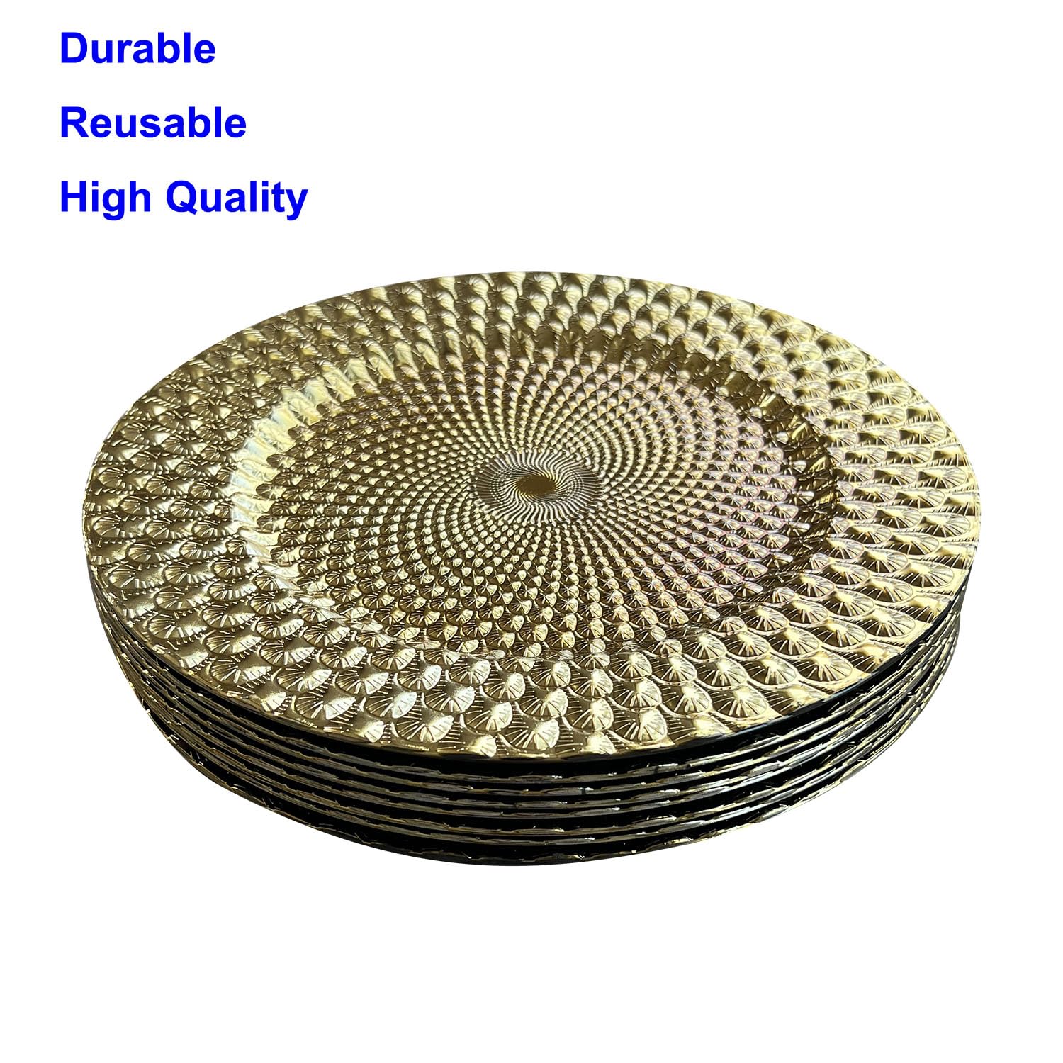 WELMATCH 12-Pack Gold Plastic Peacock Charger Plates - 13 Inch Round Decorative Dinner Plates for Wedding, Party & Special Events - Elegant Table Setting for Formal Dining & Celebration Decor