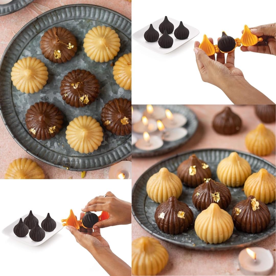 LEGACYCART 21 Cavity Silicone Modak Mold Set - 1PC 3D Modak Mould + 2PC Big & Small Three-Fold Modak Makers for Cake, Cupcake, Chocolate, Mousse, Brownie, Cookie, Pudding & Candy Making - Perfect for Diwali, Holi, Birthday Parties & Home Baking (3-Piece Set)