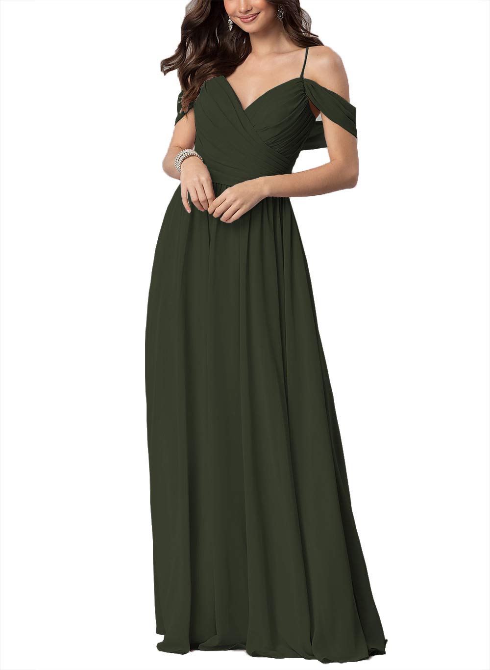 Elegant Long V-Neck Off-Shoulder Chiffon Bridesmaid Dress for Weddings & Formal Events - Women's Flowy Party Gown (Style B055) - Perfect for Bridal Showers, Evening Galas & Special Occasions