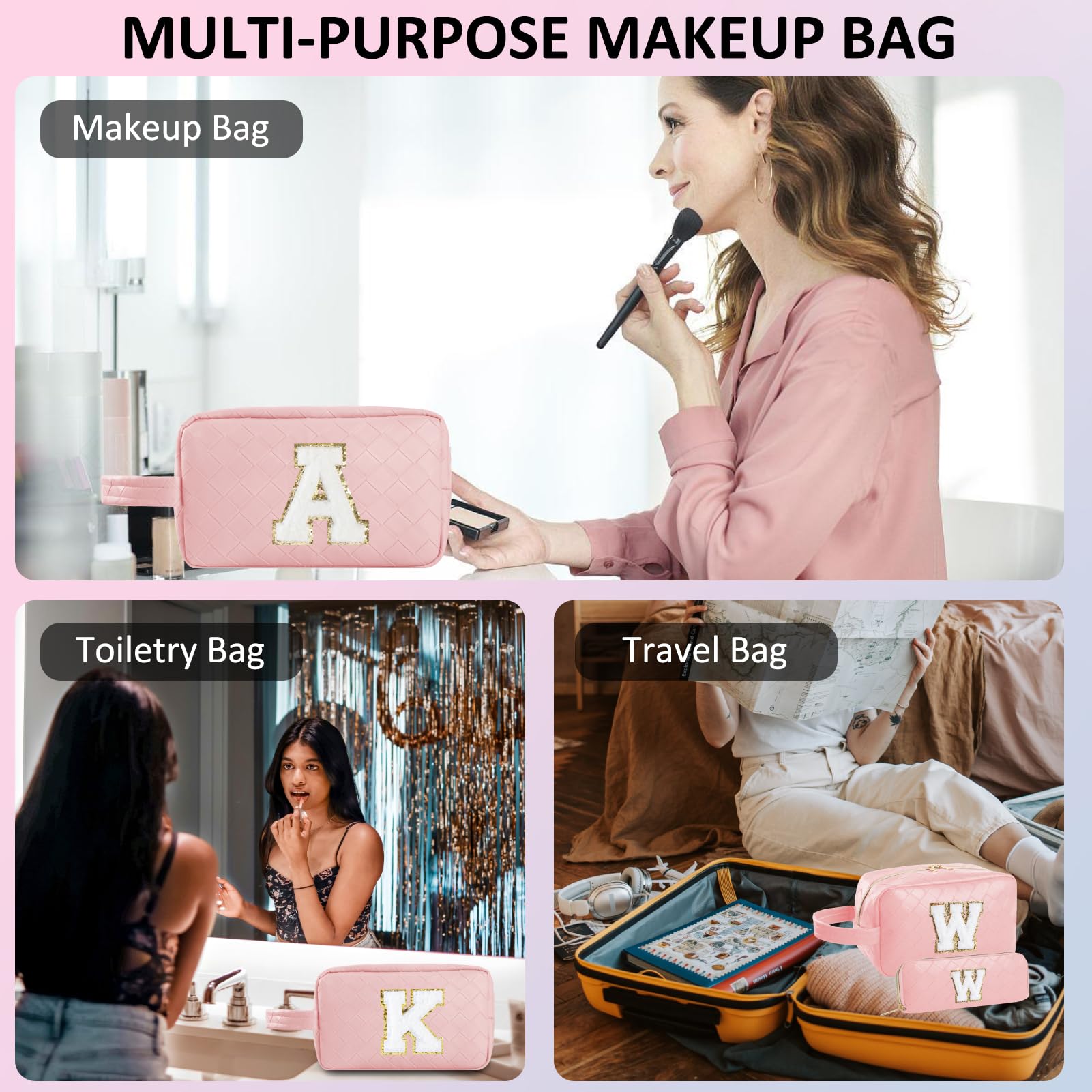Personalized Monogram Makeup Bag for Women - Travel Cosmetic Organizer with Detachable Brush Pouch, Pink G Initial Toiletry Bag - Perfect for Birthdays, Valentine's Day Gifts & On-the-Go Beauty Essentials