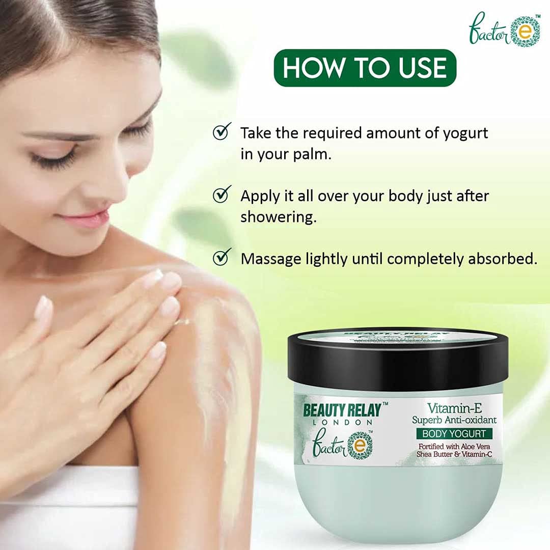 BEAUTYRELAY LONDON Vitamin E Body Yogurt - Deep Moisturizing & Nourishing Cream for All Skin Types - Brightens & Evens Skin Tone - 200g - Perfect for Daily Hydration & Glowing Skin Care Routine