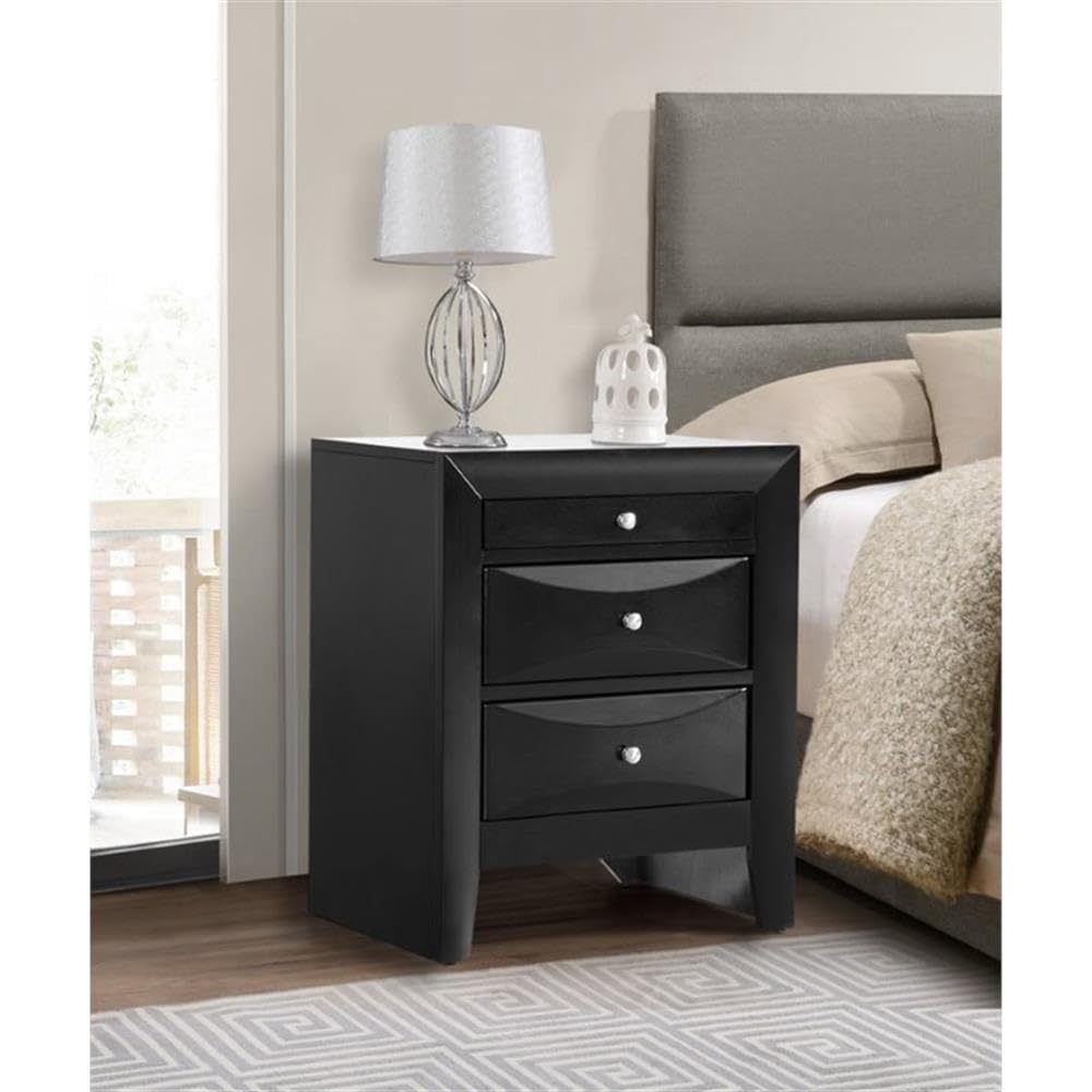 Glory Furniture Marilla 3-Drawer Nightstand in Black - Modern Bedside Table for Bedroom Storage & Organization