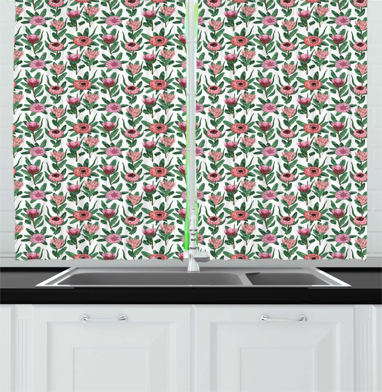 Ambesonne Vintage Botany Long Kitchen Curtains - Protea Flowers with Leaves Spring Design, 2 Panel Drapes with Rod Pocket, 55 x 45 Inches, White Dried Rose & Green - Perfect for Farmhouse, Cottage & Boho Style Kitchen Windows