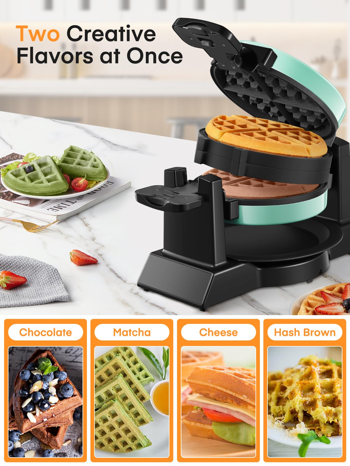 **1400W Double Belgian Waffle Maker – 180° Flip, Nonstick & Rotating Plates, Makes 8 Slices in 3 Mins – Anti-Scald, Cool Touch Handle, Removable Drip Tray – Easy to Clean & Space-Saving (Mint Blue) – Perfect for Breakfast, Brunch & Family Gatherings**