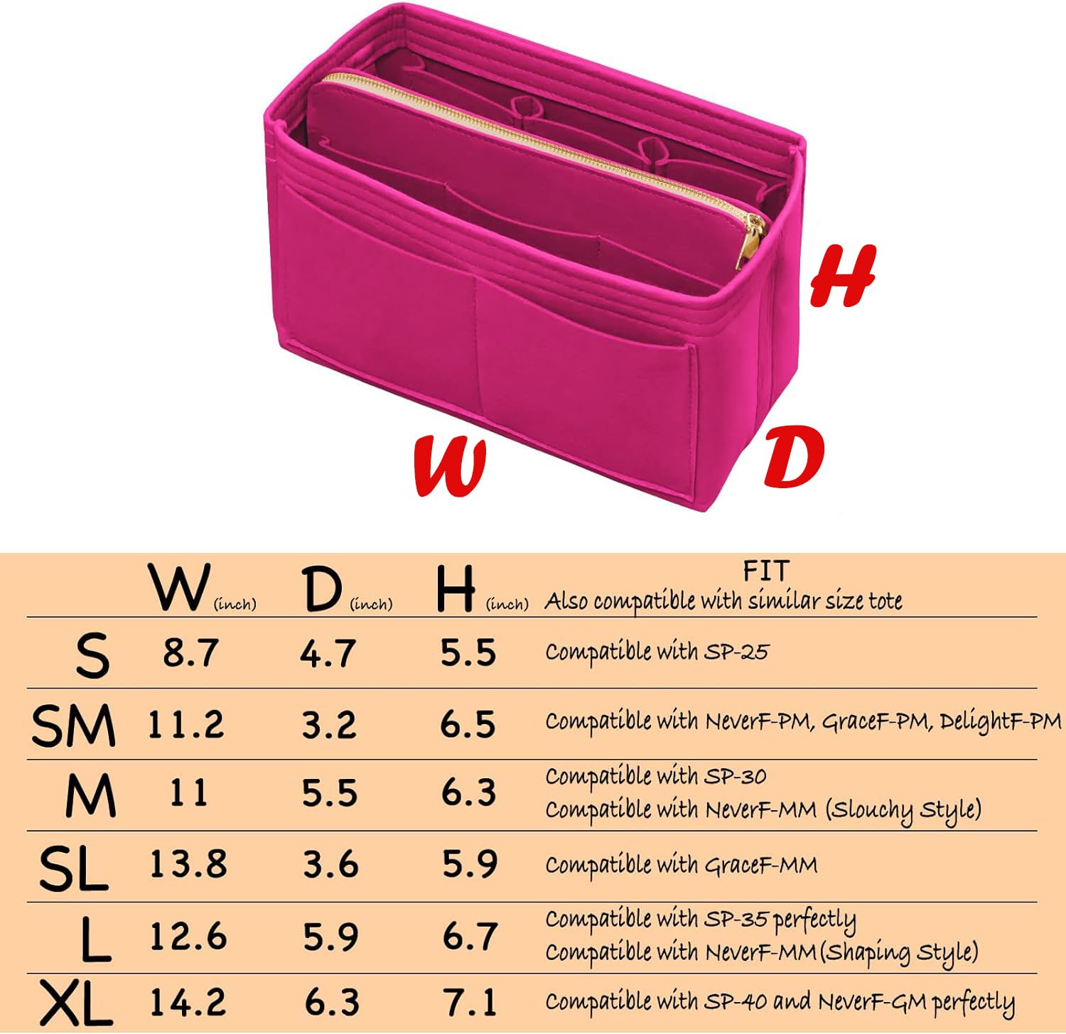 Premium Zippered Felt Purse Organizer Insert for Large Tote Bags - Rose Pink Color | Perfect for Handbag Storage, Travel Essentials & Everyday Organization