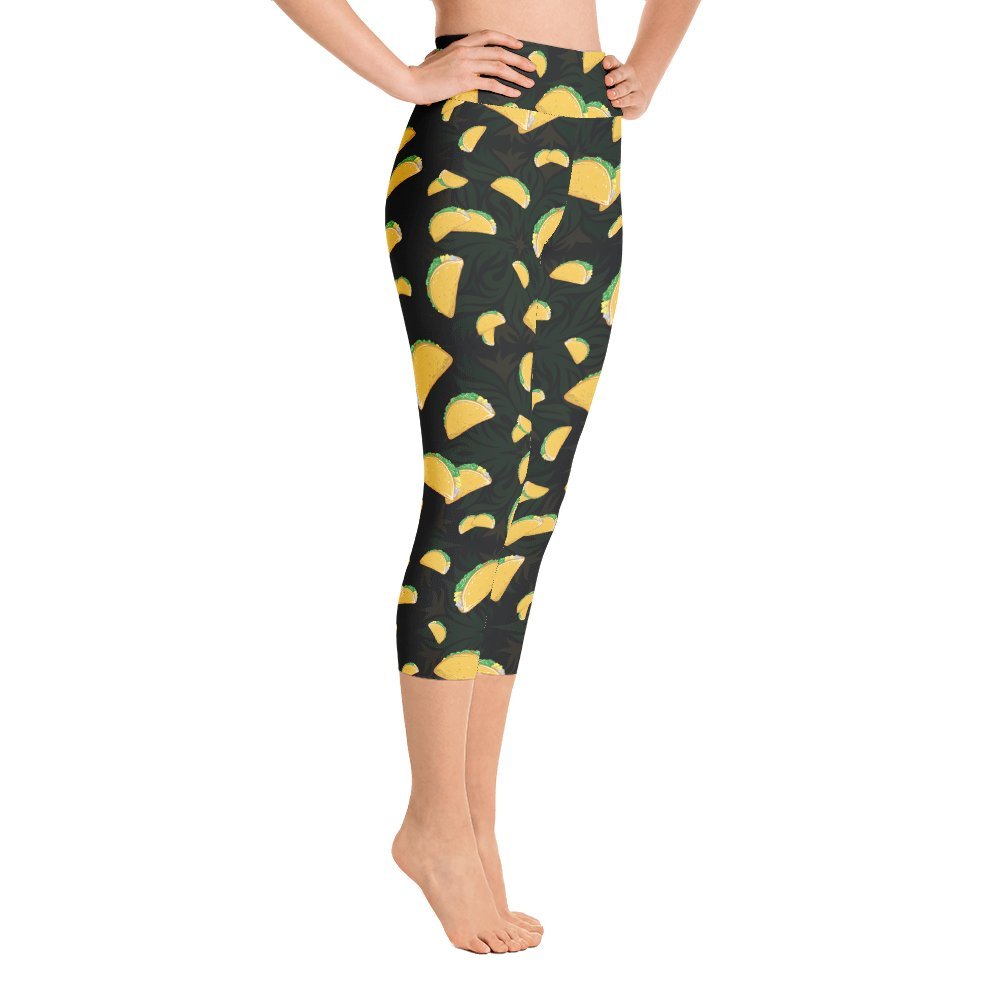 Women's Cinco De Mayo Taco Print High-Waisted Yoga Capri Leggings - Made in USA - Perfect for Yoga, Gym Workouts & Festive Mexican Holiday Celebrations