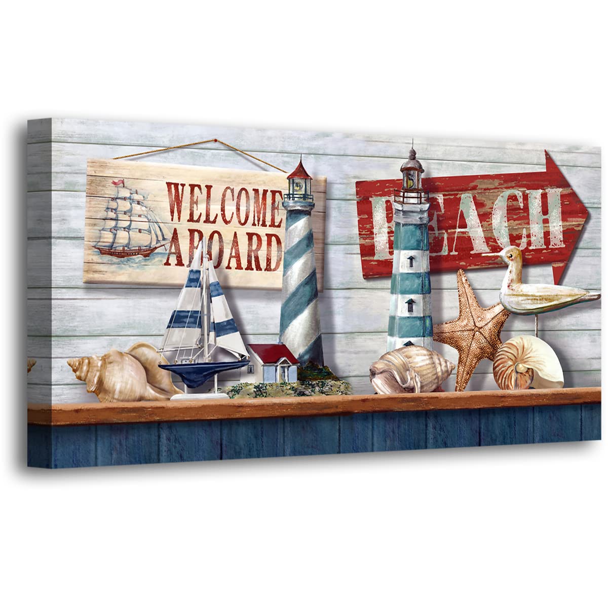 Beach Ocean Themed Canvas Wall Art - Boat on the Beach Painting, 20x40 Inches Stretched Canvas Print, Ready to Hang for Bathroom, Living Room, and Home Decor