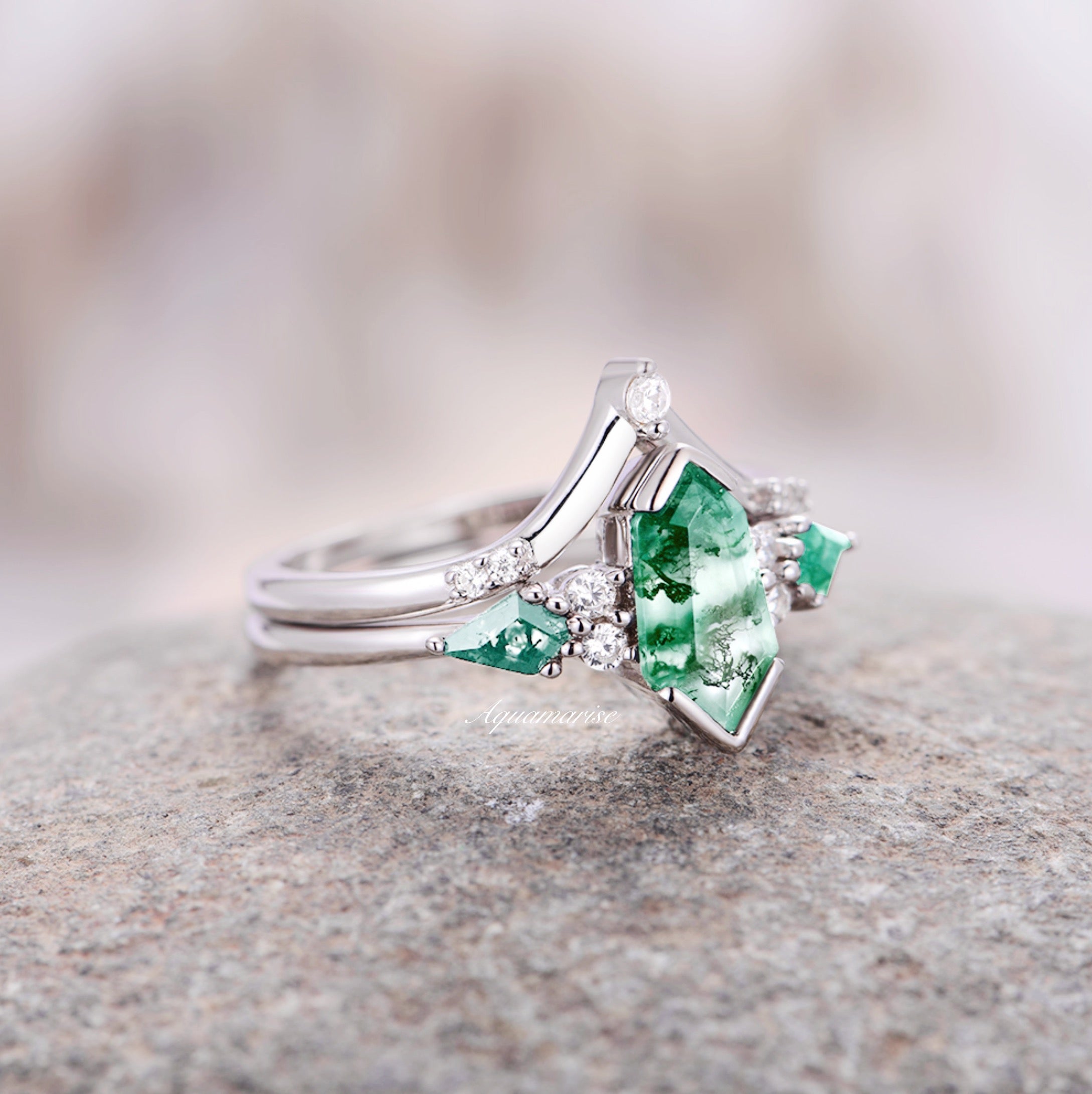 Green Moss Agate Coffin Ring Set - 925 Sterling Silver Gothic Jewelry for Women, Witchy Aesthetic Accessories for Halloween, Dark Academia & Boho Fashion