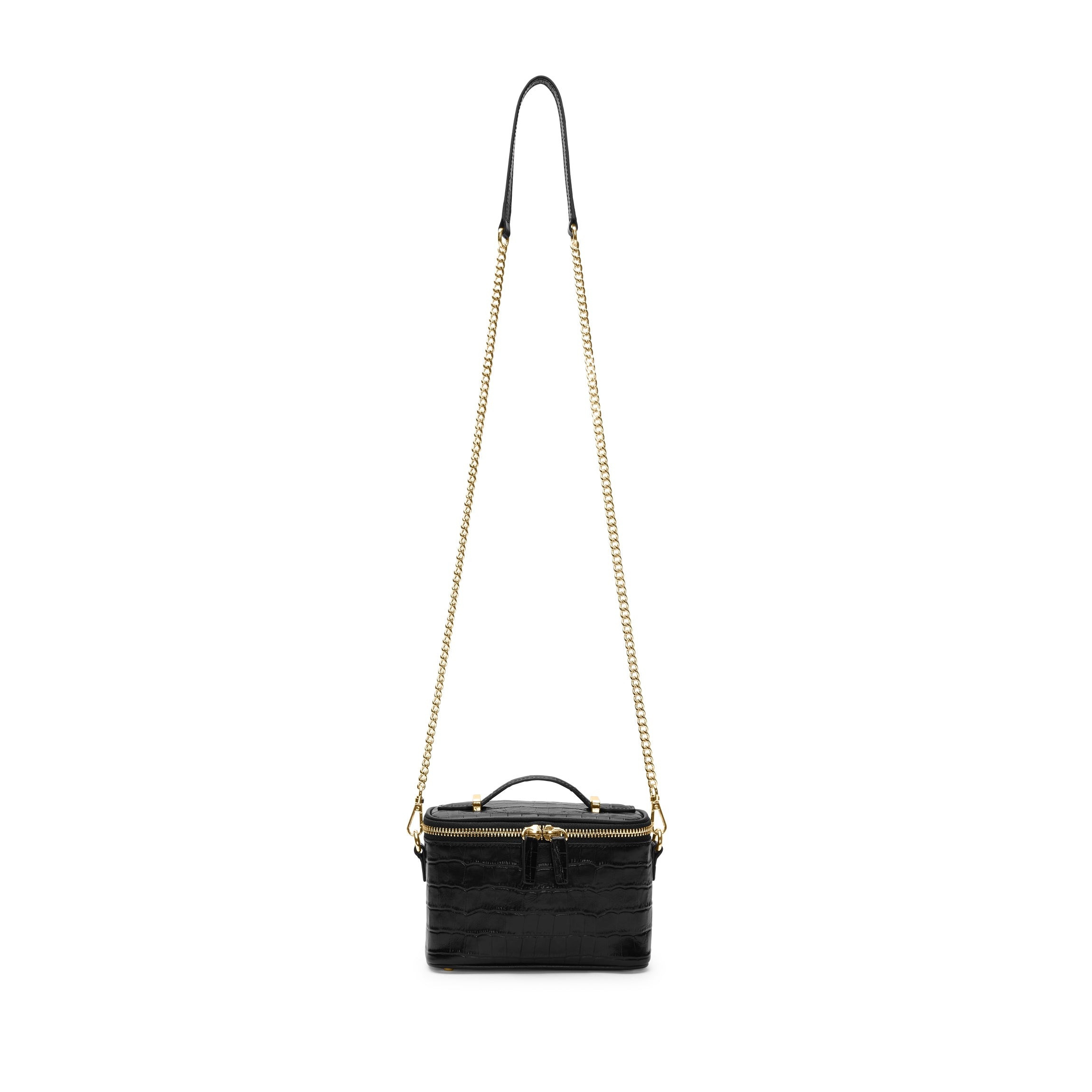 Maddie Micro Train Case Crossbody Bag - Black Crocodile Embossed Leather for Women | Perfect for Travel, Work, and Everyday Use