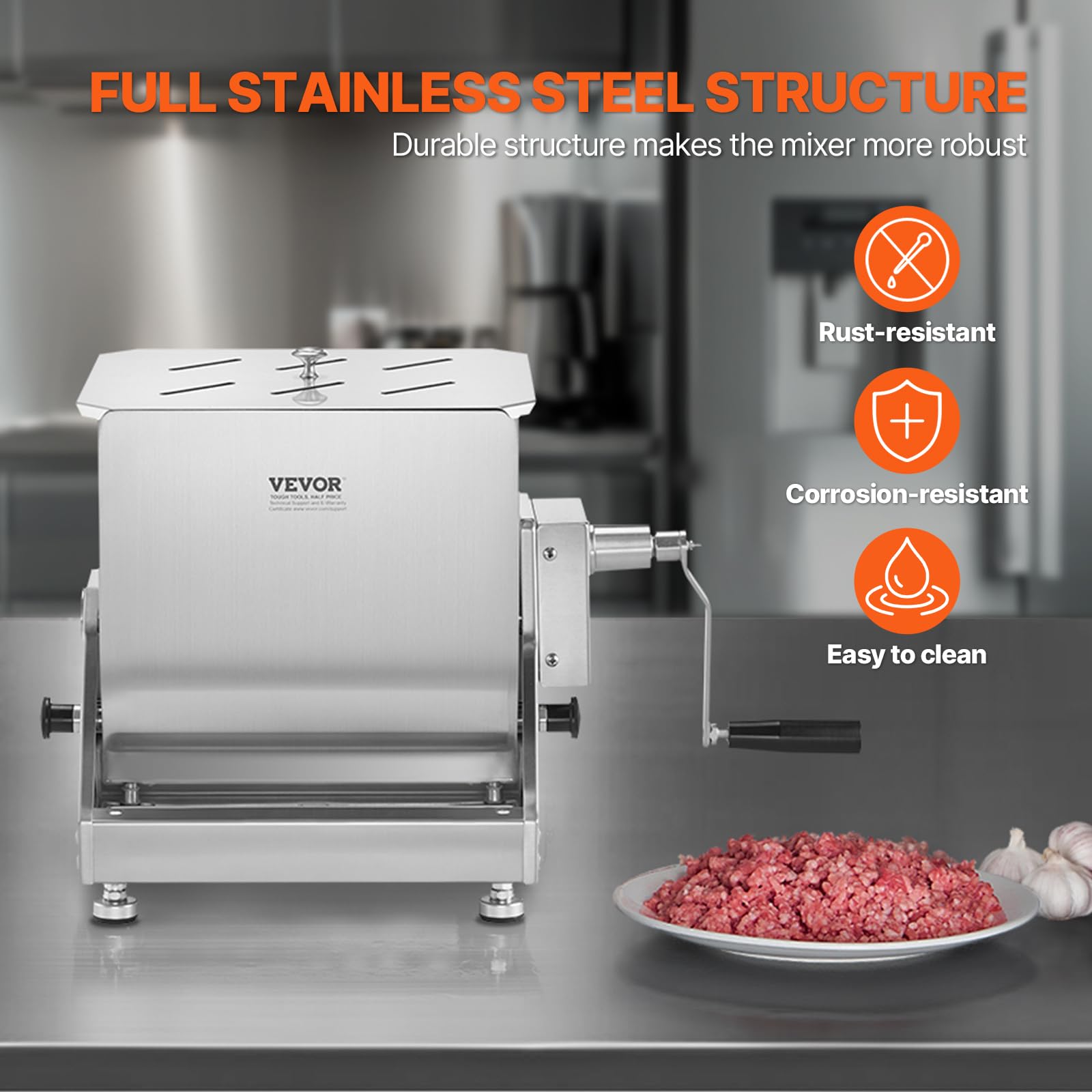 VEVOR 30LB Stainless Steel Manual Meat Mixer - Tilt Tank Sausage & Ground Beef Mixer with Lid & Handle - Commercial & Home Meat Processing Equipment for Sausage Making, Burger Prep & Food Processing