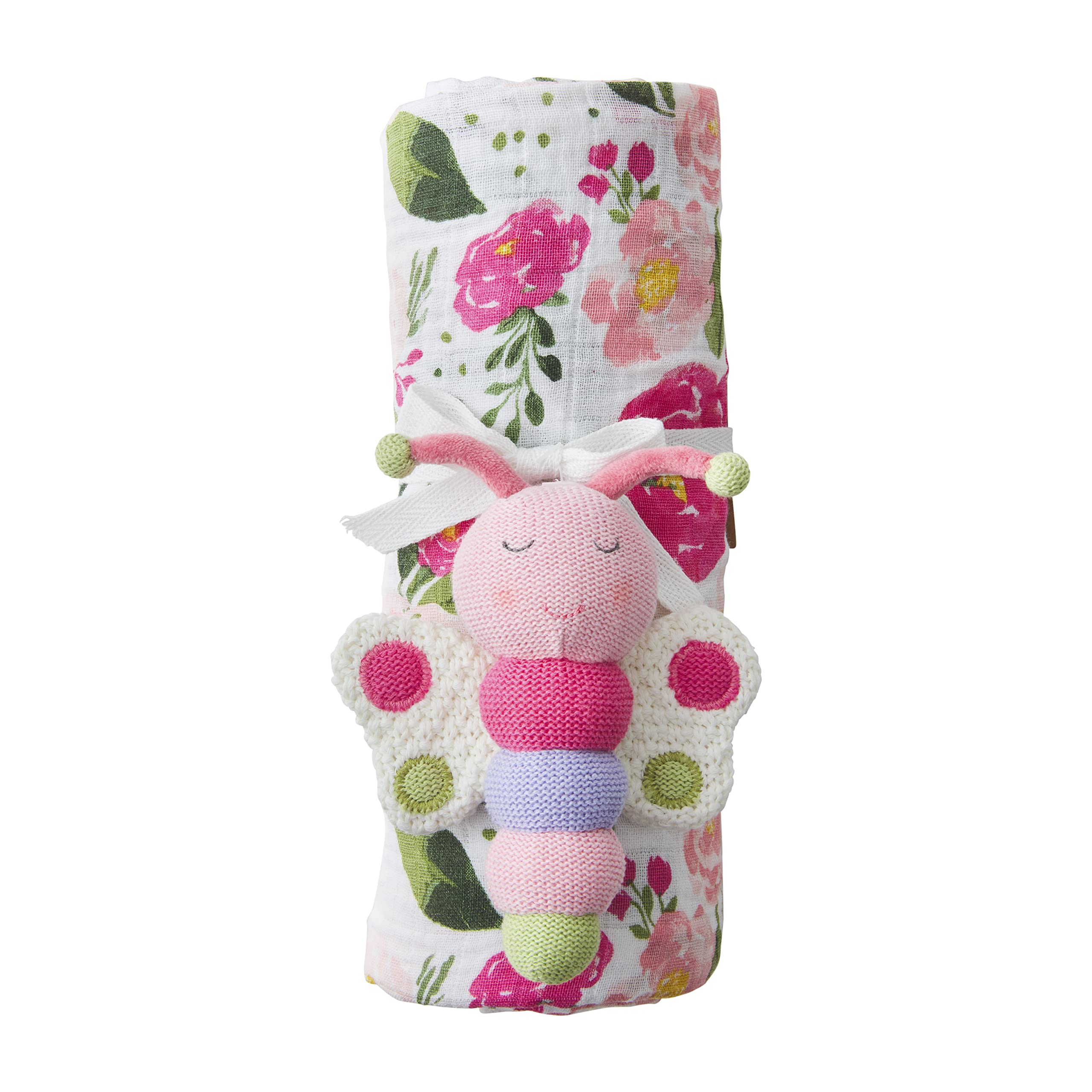 Mud Pie Floral Swaddle and Rattle Set for Baby Girls | Soft Cotton Swaddling Blanket with Attached Rattle | Perfect for Newborn Gifts, Nursery Essentials & Photo Shoots