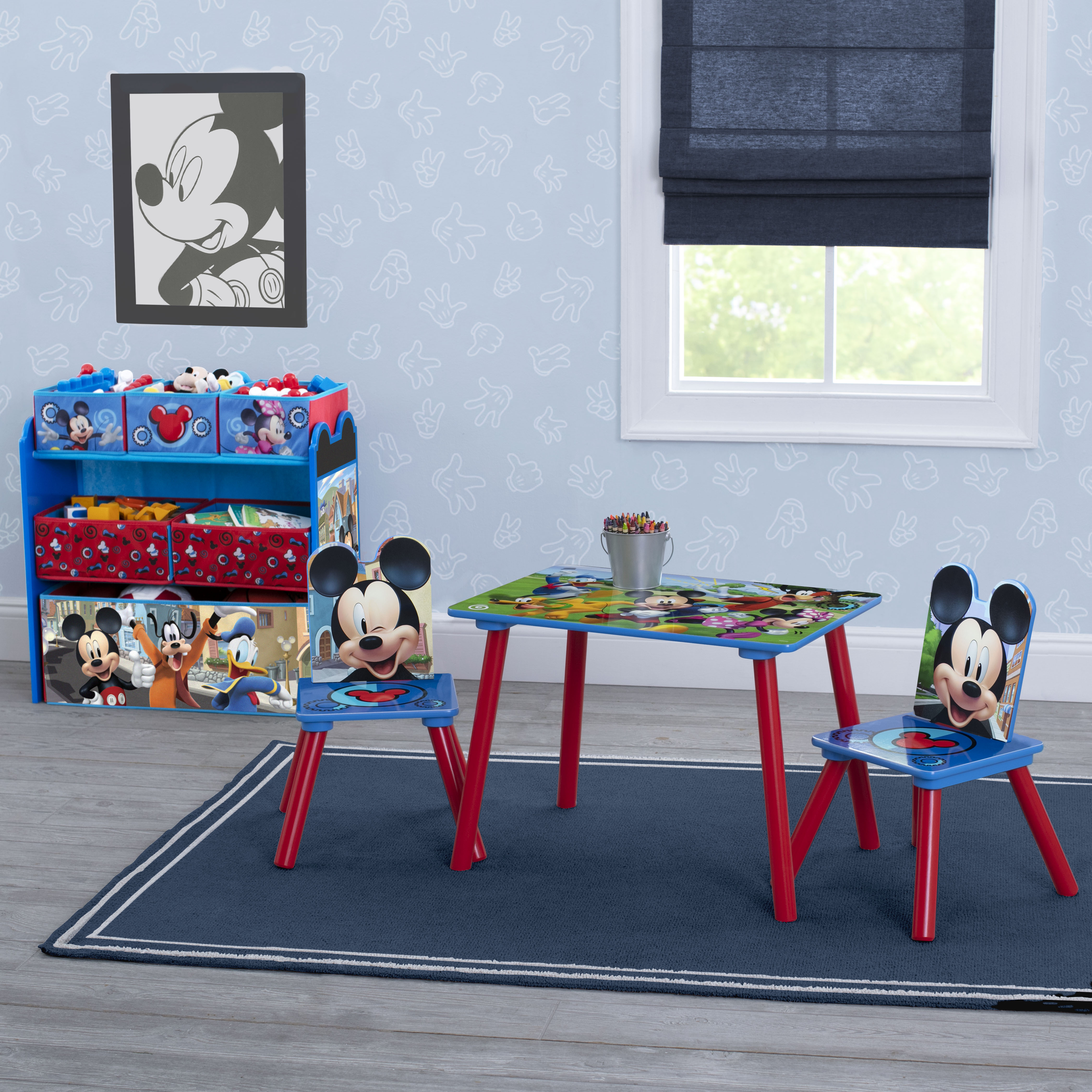Mickey Mouse Kids Playroom Set - 4 Piece Table & Chairs with 6 Bin Toy Organizer for Toddlers | Perfect for Playrooms, Daycares & Preschools