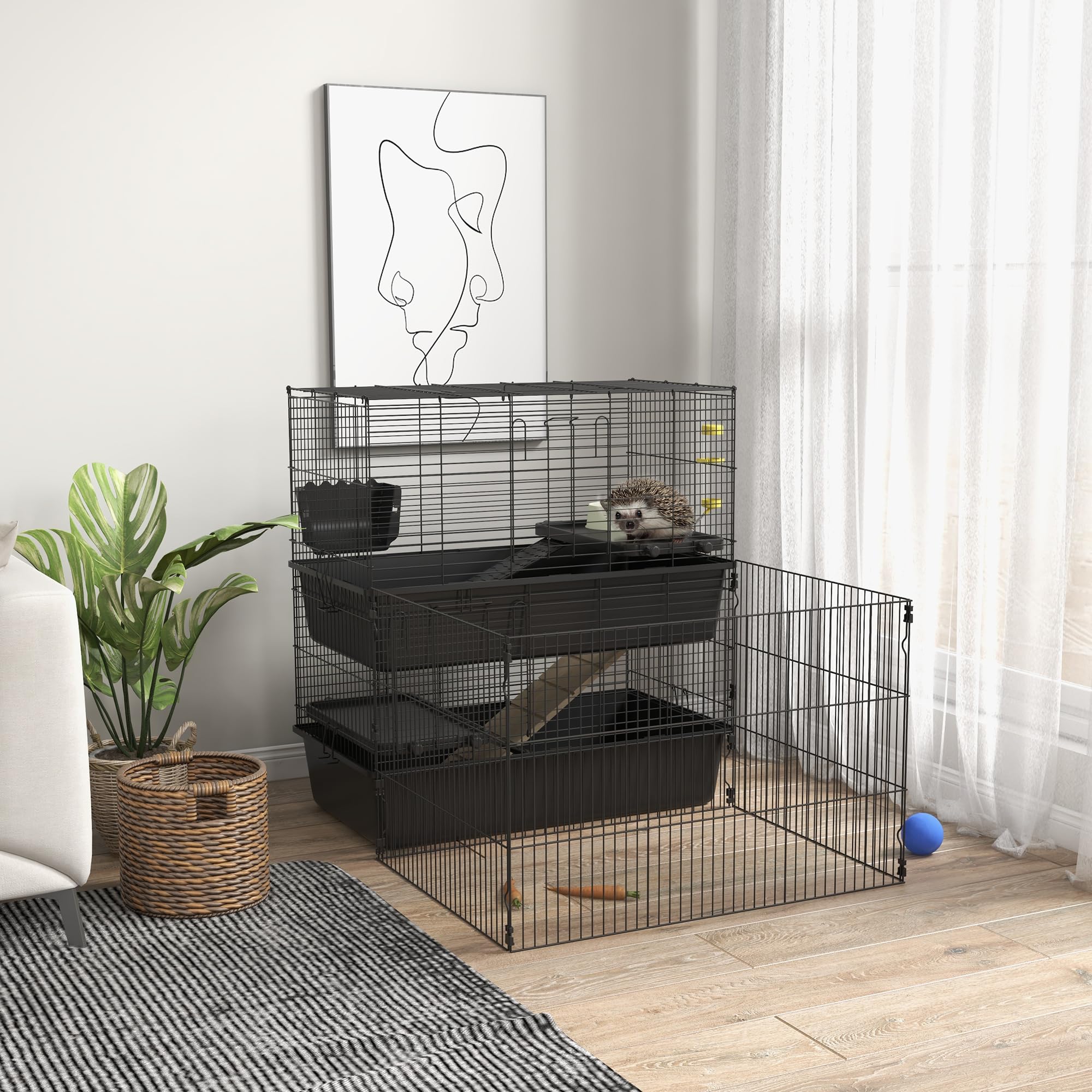 PawHut Small Animal Cage with Playpen - Multi-Level Indoor Pet Habitat for Guinea Pigs, Hedgehogs, Rabbits | Includes Water Bottle, Food Dish, Feeding Trough | Perfect for Small Pet Playtime & Safe Indoor Housing