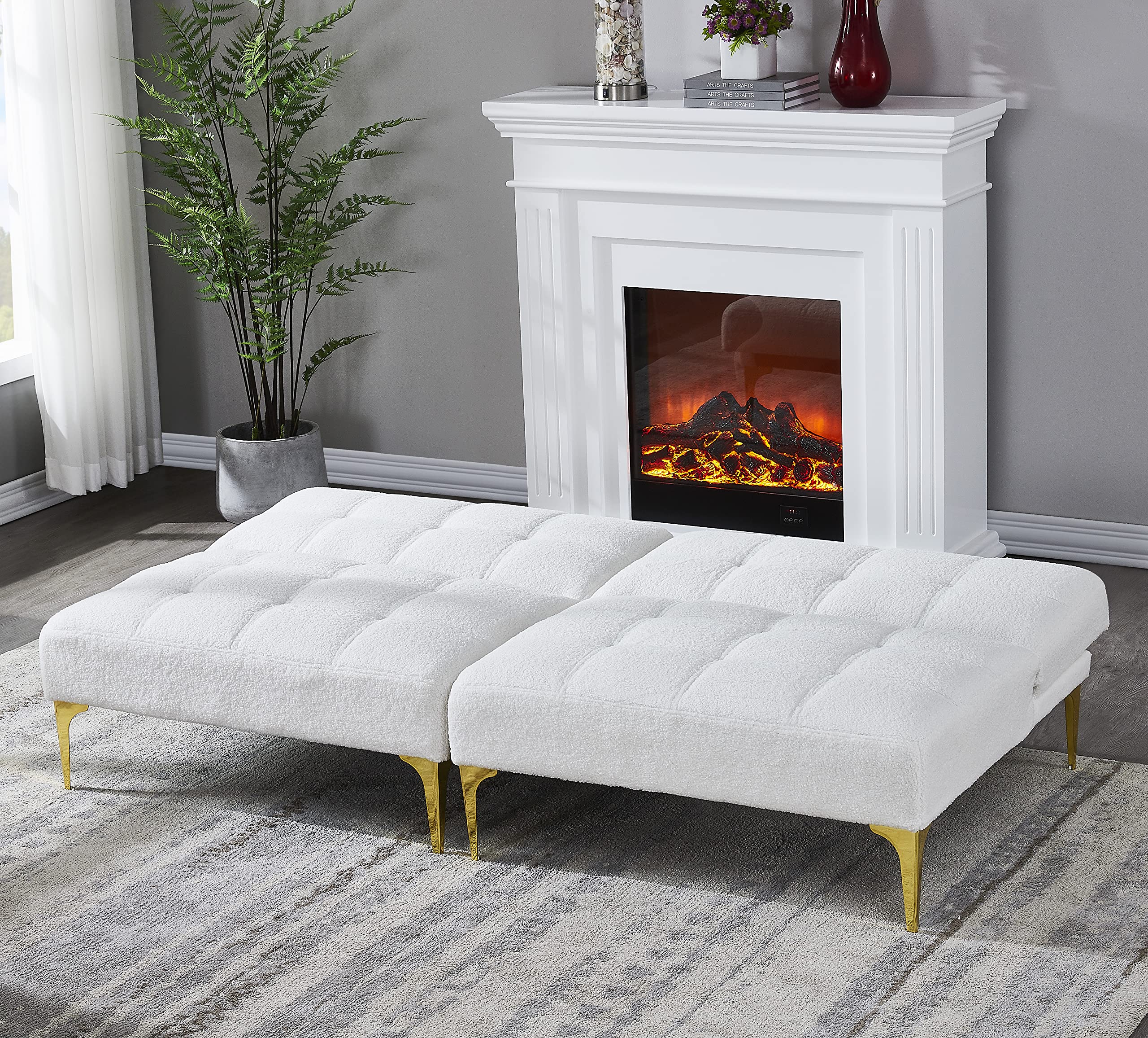 2-Piece Convertible Futon Sofa Bed - Sleeper Couch, Daybed & Loveseat with Gold Metal Legs | Folding Recliner Armless Sofa in Soft Teddy Fabric | Space-Saving Furniture for Small Apartments, Living Rooms & Offices | Perfect for Guest Beds, Lounging & Compact Spaces