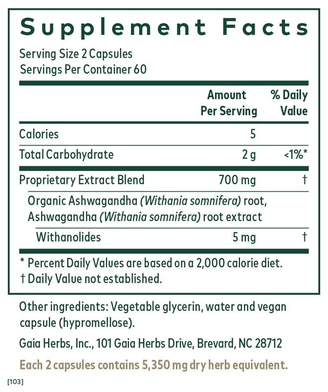 Gaia Ashwagandha 700mg Organic Root Supplement - Stress Relief & Immune Support for Daily Wellness & Better Sleep