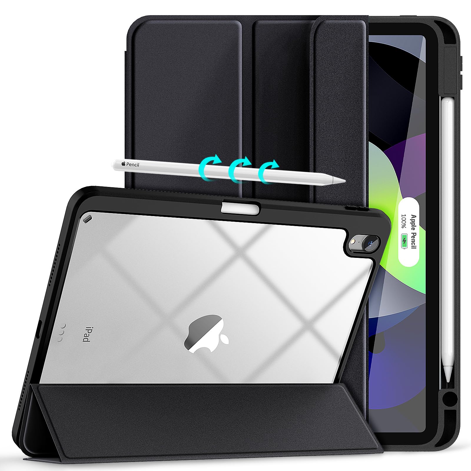 Gahwa iPad Air 5th Gen 2022 & iPad Air 4th Gen 2020 Case 10.9 Inch - Slim Stand Hard Back Shell Protective Smart Cover for iPad Air 4th/5th [A2589 A2591 A2316 A2324 A2325 A2072] - Perfect for Work, Study & Travel (Black)