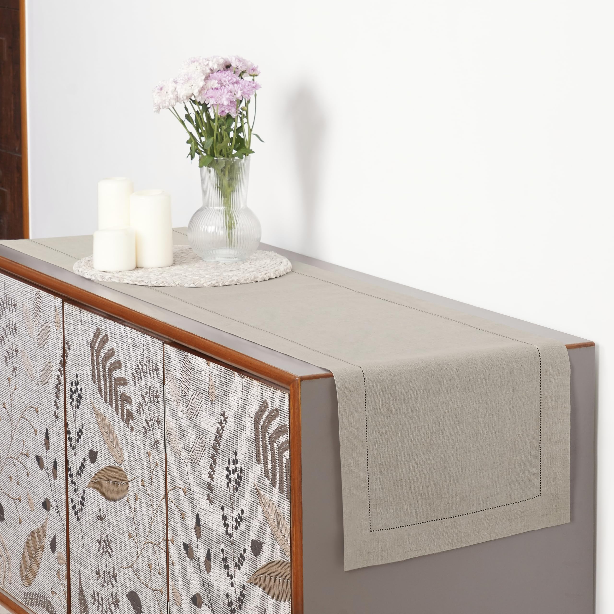 D'Moksha Homes 100% Pure Linen Table Runner 14x144 Inch - Classic Hemstitch Natural Tablecloth Decor - Machine Washable Farmhouse Dining Table Runner for Easter, Thanksgiving, Wedding & Home Decor