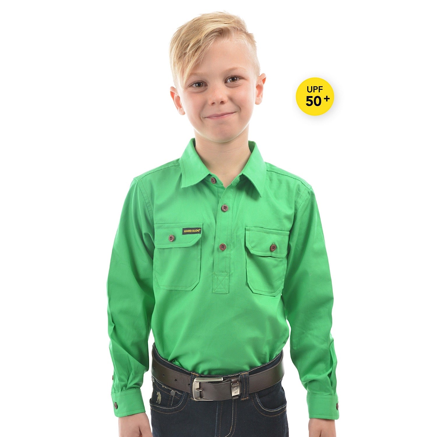 Hard Slog Kids' Half Placket Lightweight Cotton Shirt - Lime Green - Casual & School Wear for Boys & Girls