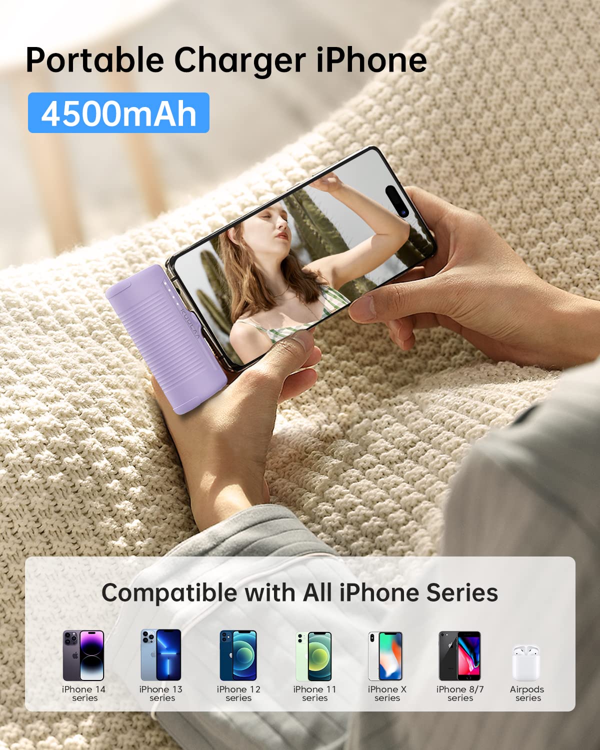 Kuulaa 4500mAh Mini Portable Charger - Compact Power Bank for iPhone 14/13/12/11/XS/XR & AirPods - Cute Purple Battery Pack for Travel, Outdoor & Emergency Charging