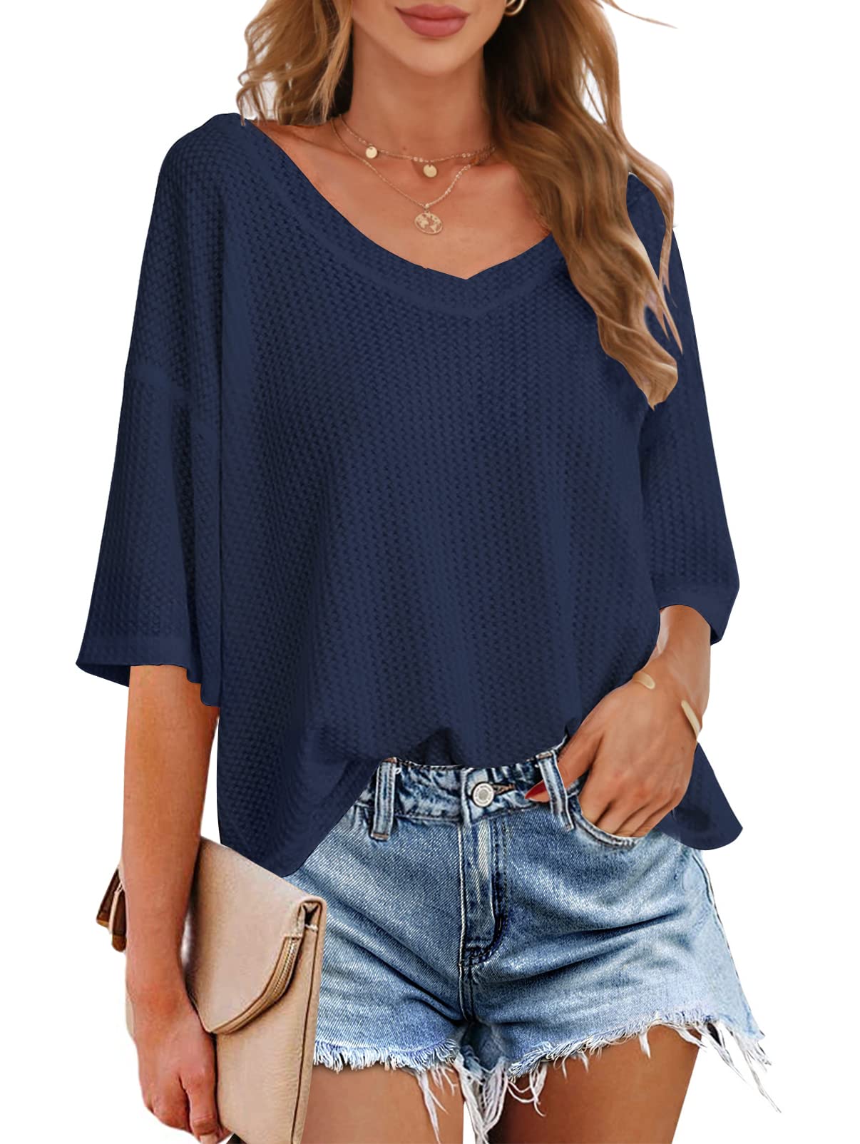 MEROKEETY Women's V-Neck Batwing Half Sleeve Waffle Knit Blouse - Loose Fit Solid Color Tops for Casual Wear, Office & Weekend Outings