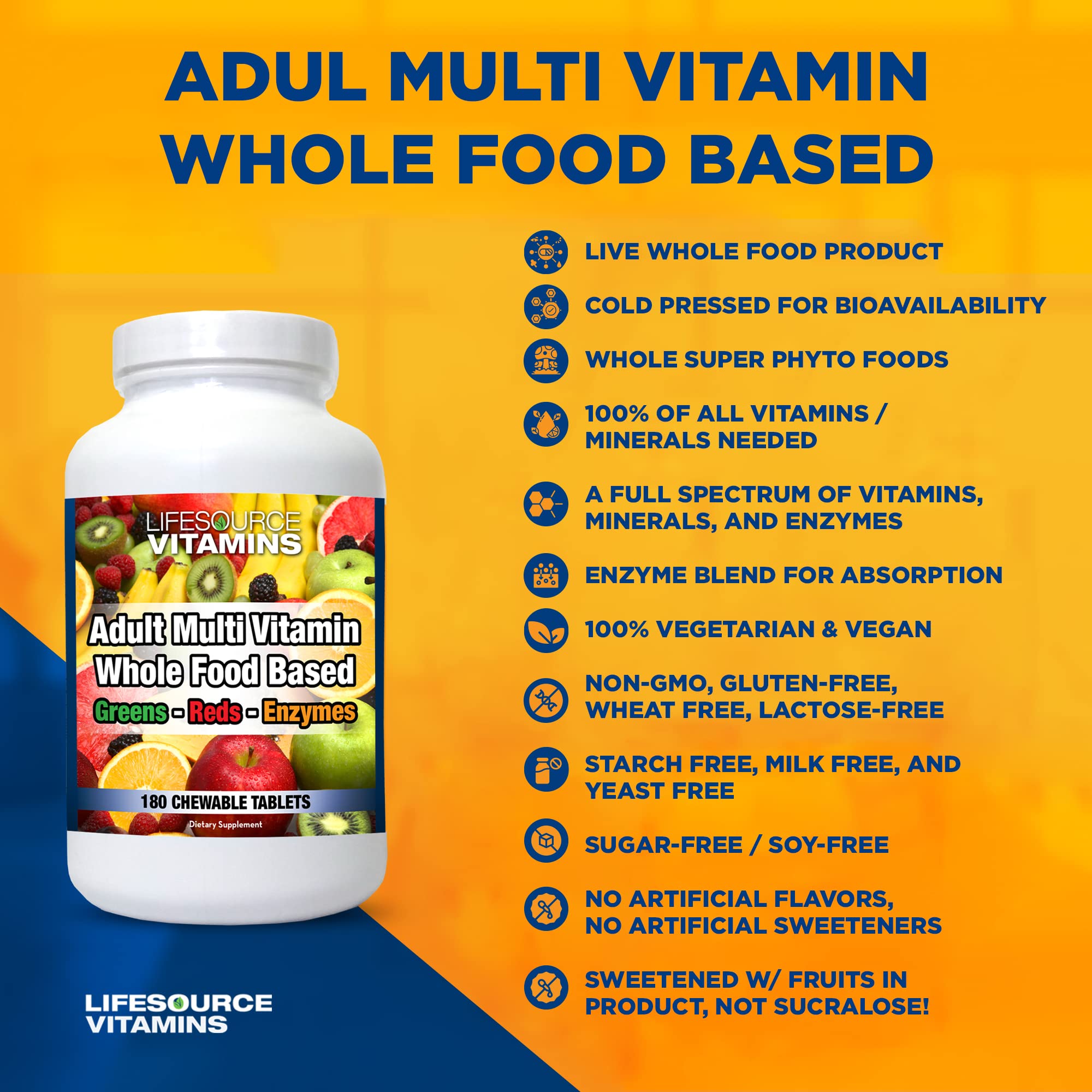 LifeSource Vitamins Adult Multi Vitamin – Whole Food Based Immune Support with Phyto Greens & Reds – 180 Chewable Tablets for Adults & Seniors – Daily Wellness & Energy Boost for Active Lifestyles