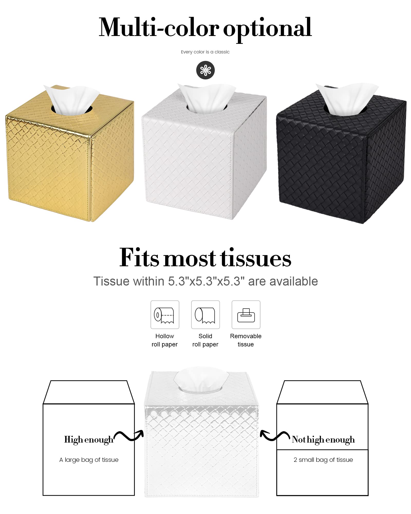 Jeethemy Square Tissue Box Cover - Black PU Leather with Braided Pattern, Portable Foldable Home & Outdoor Tissue Holder - Perfect for Living Room, Office, Car, and Travel Accessories (White)