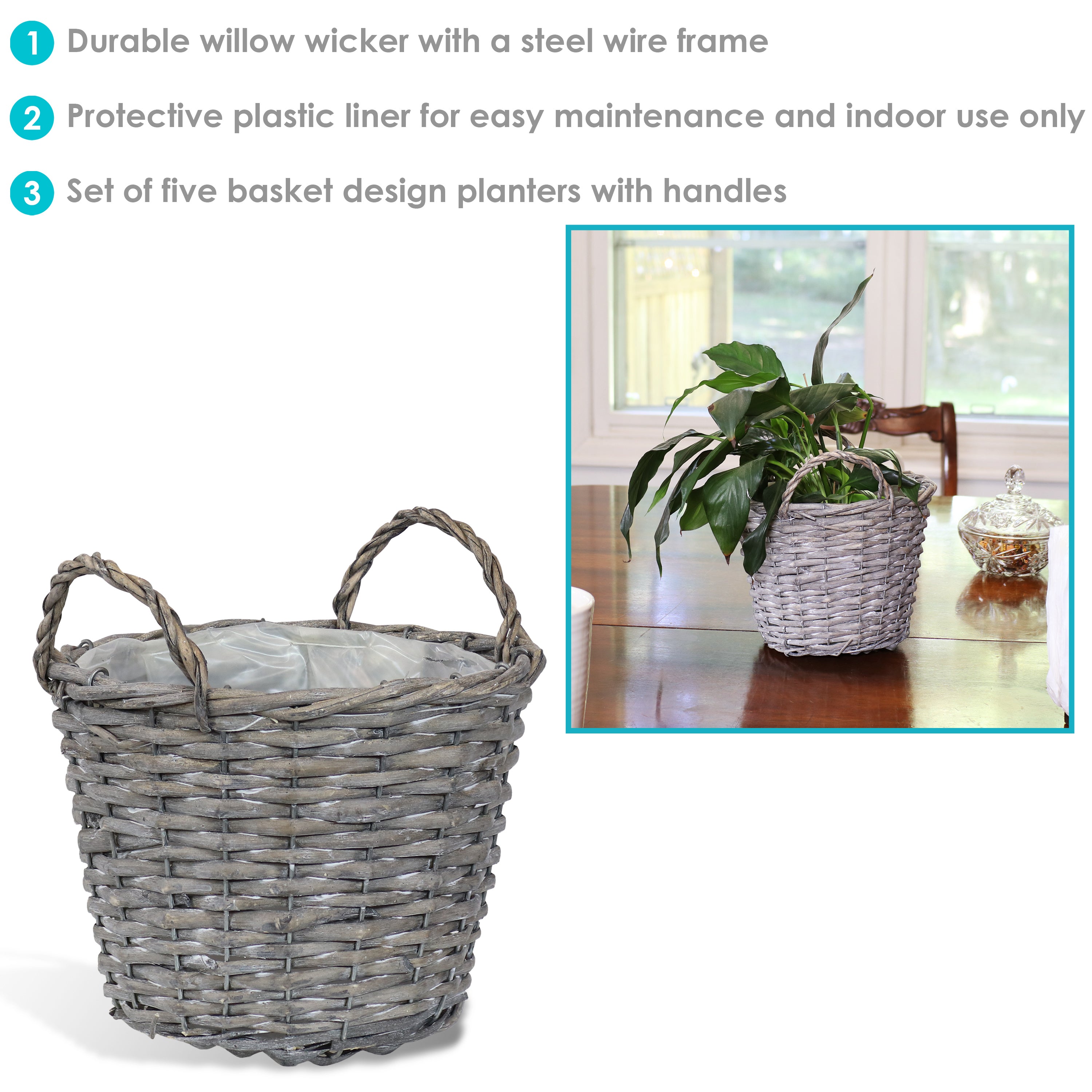 Sunnydaze Set of 5 Willow Wicker Basket Planters - Natural Rustic Decor for Indoor/Outdoor Plants - Perfect for Home, Garden, Patio & Porch Decor
