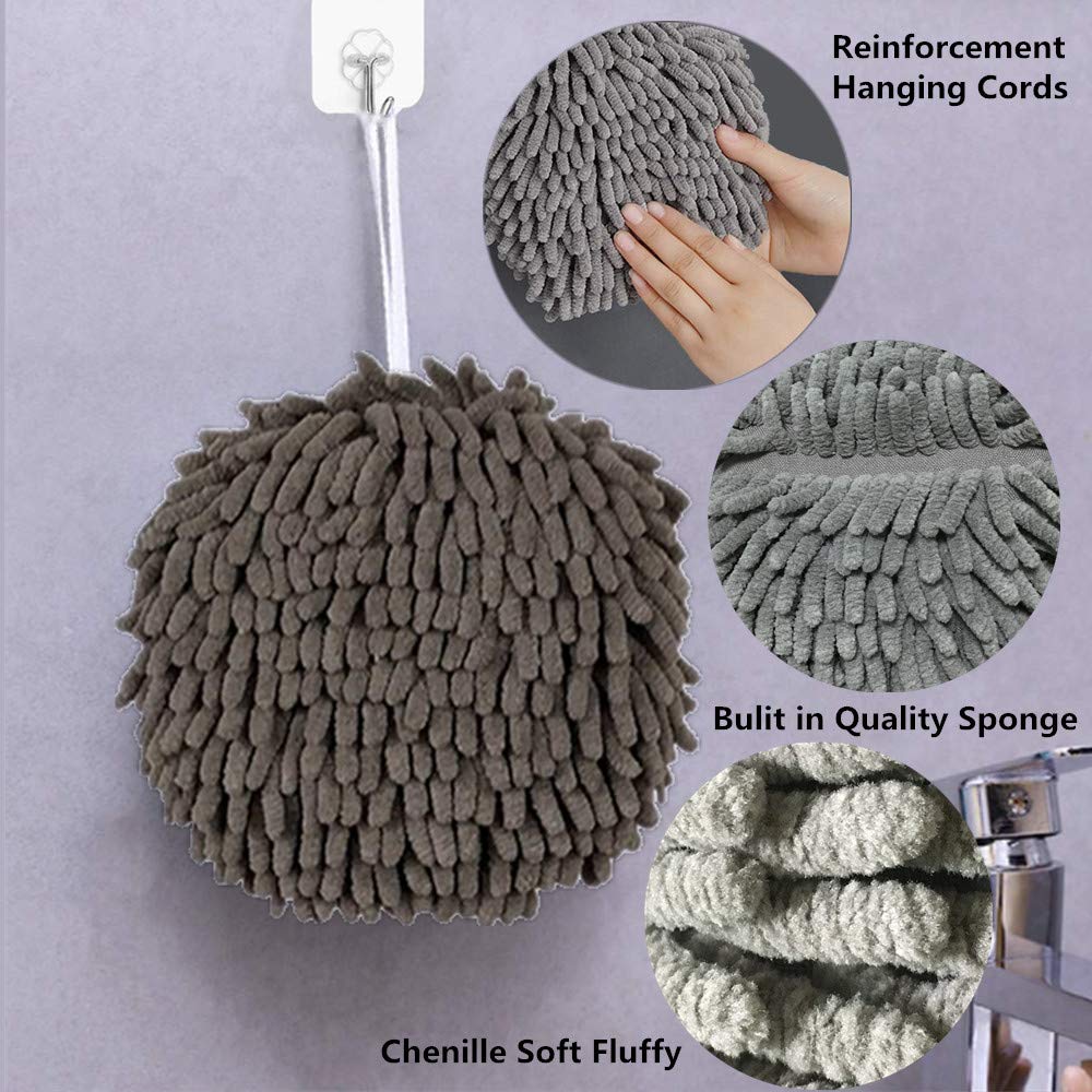 Soft Chenille Quick-Dry Hand Towel with Loop - Absorbent Bath & Kitchen Towel for Bathroom, Sink, and Vanity - Grey (2-Pack)