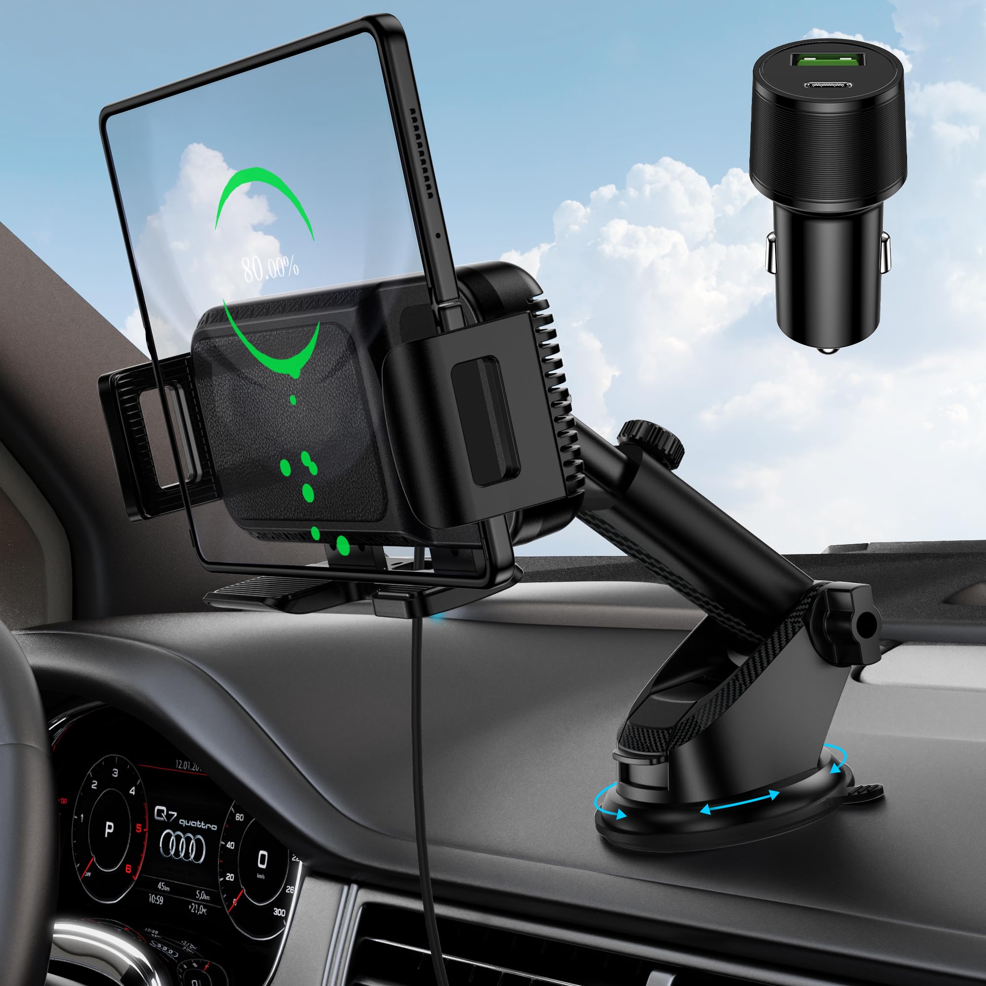 15W Dual Coil Wireless Car Charger Mount - Rotatable Phone Holder for Samsung Galaxy Z Fold 6/5/4/3/2, Z Flip, S25/S24/S23/S22 & iPhone - Fast Charging Car Accessory with Included Charger - Perfect for Commuting, Road Trips and Hands-Free Driving