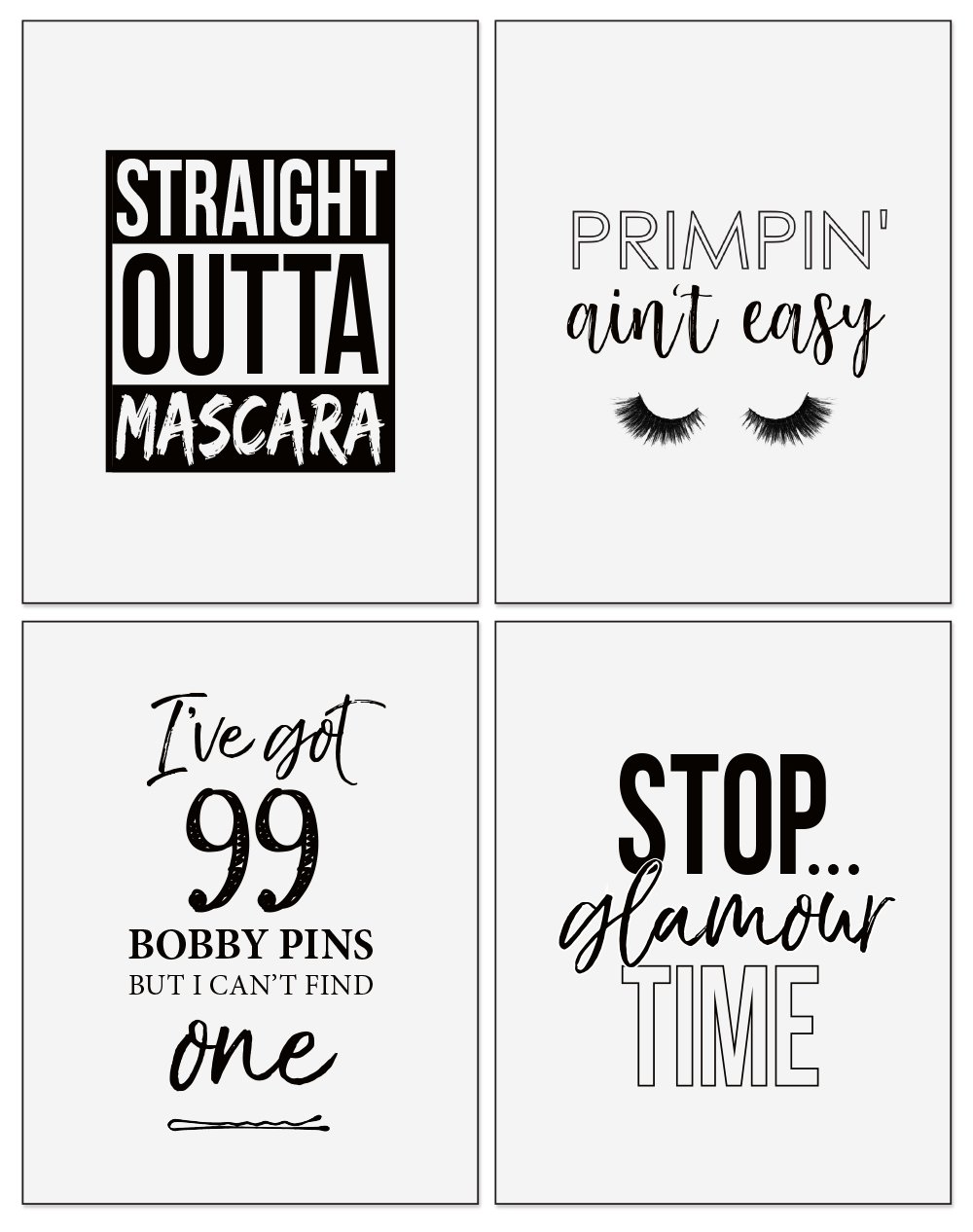 Confetti Fox Funny Beauty Bathroom Wall Art - Set of 4 Motivational Makeup Quotes & Inspirational Sayings for Women - 8x10 Unframed Minimalist Modern Decor - Perfect for Bathroom, Bedroom & Vanity Decorations