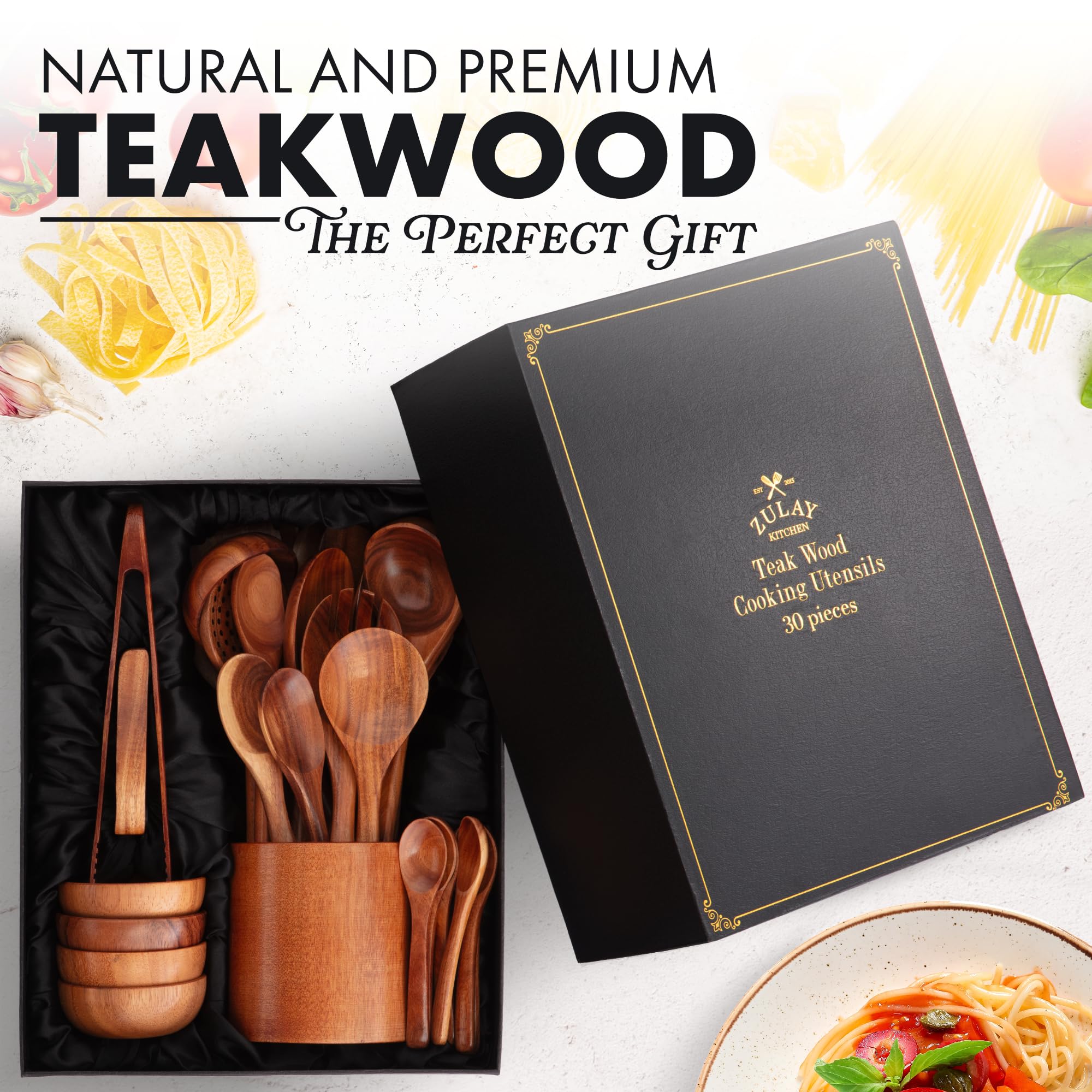 Premium 30-Piece Teak Wooden Kitchen Utensil Set with Gift Box - Natural Non-Stick Cooking Spoons & Tools - Ergonomic Grip for Comfortable Use - Perfect for Home Chefs, Wedding Gifts & Housewarming Presents