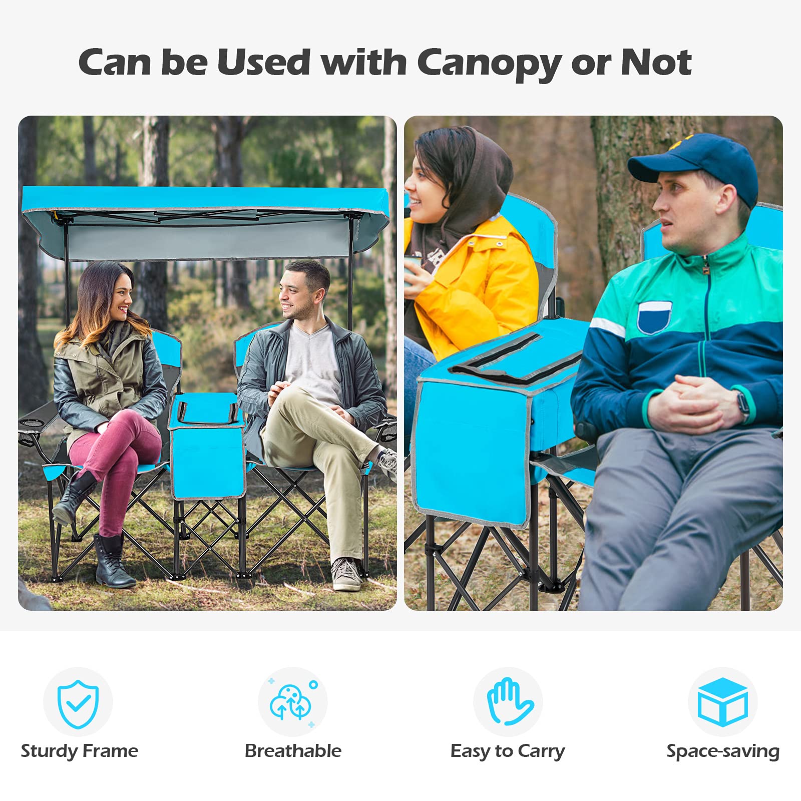 Goplus Double Beach Chair with Canopy Shade - Portable Folding Lawn & Camping Chair with Sunshade, Mini Table, Beverage Holder & Carrying Bag - Perfect for Outdoor Travel, Hiking, Fishing, Poolside Relaxation (Blue)