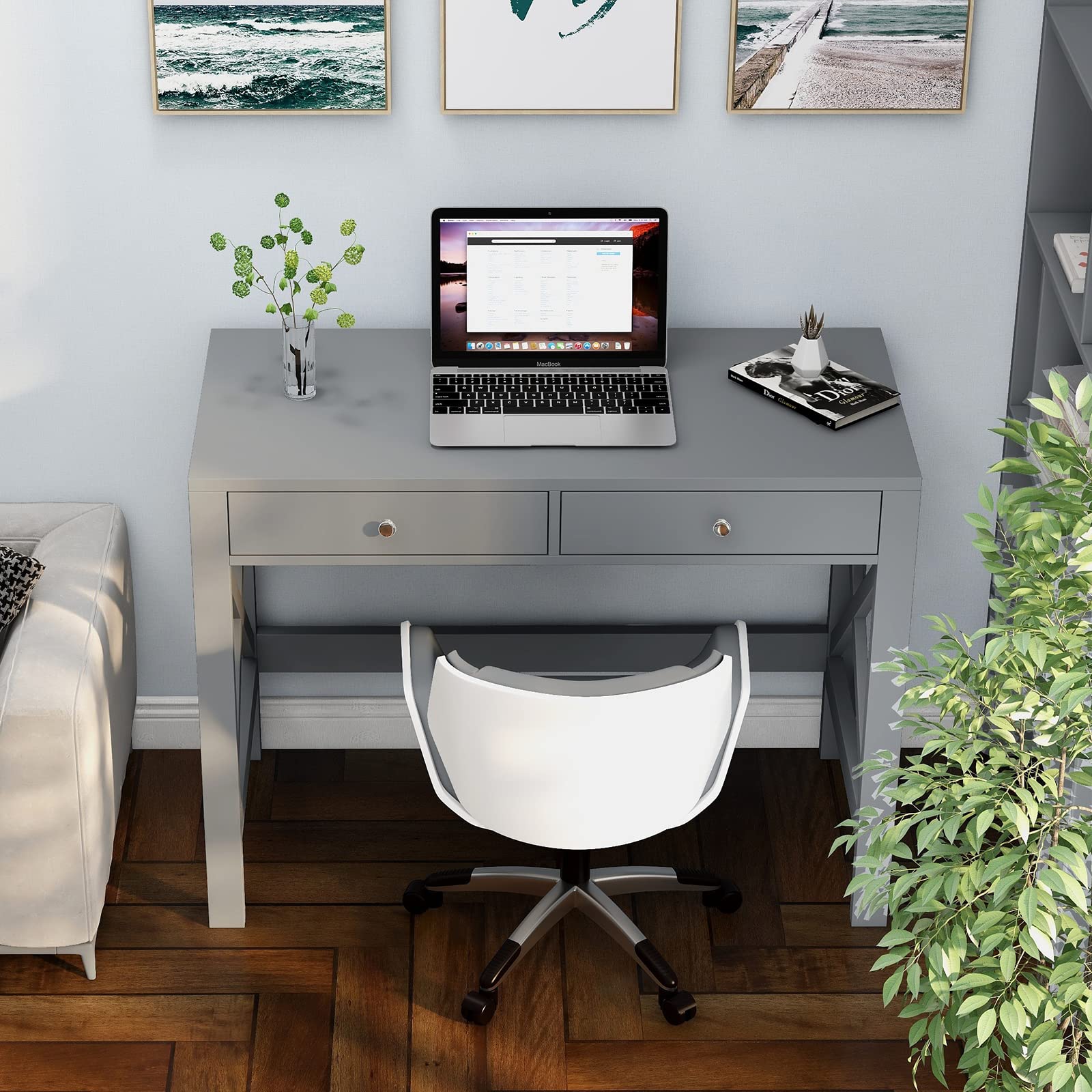 Modern Home Office Desk with Drawers - Grey Computer Writing Table for Small Spaces | Perfect for Remote Work, Study & Crafting