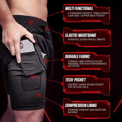2-in-1 Hybrid Running Shorts with Compression Liner - Quick Dry Gym & Workout Shorts with Phone Pocket, Towel Loop & Zipper | Perfect for Jogging, CrossFit & Outdoor Activities