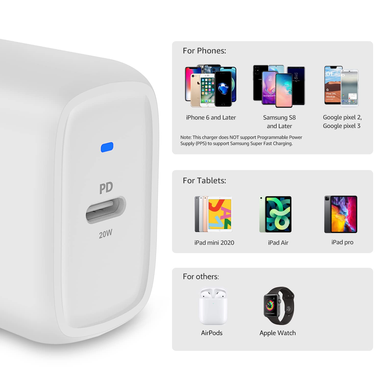 Amazon Basics 20W USB-C Wall Charger with Power Delivery PD - Fast Charging for iPhone 16/15/14/13/12/11/X, iPad, Samsung Galaxy & More - Compact 1.81x1.73x1.09 Inch White Charger - Perfect for Home, Office & Travel Charging Needs