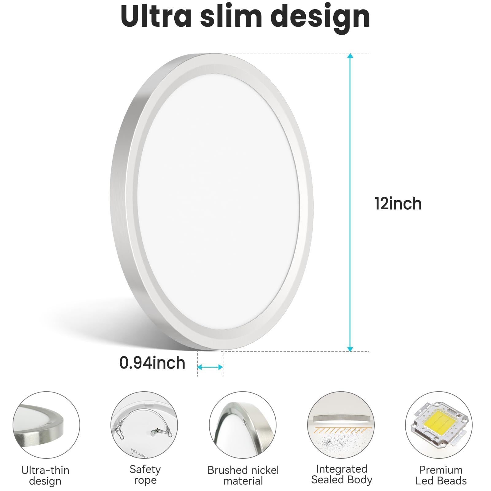 12 Inch Flush Mount LED Ceiling Light Fixture - 3000K/4000K/6500K Adjustable Color Temperature - 28W 3200lm Brushed Nickel Satin Round Ceiling Lamp - 2 Pack - Perfect for Bathroom, Hallway, Kitchen, Bedroom Lighting
