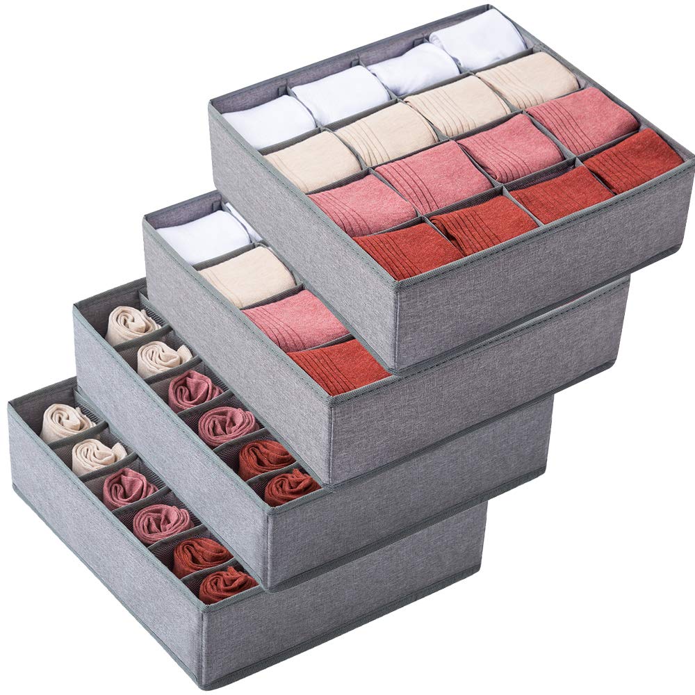 Qozary 4-Pack Socks & Underwear Drawer Organizer Set - 2 Pack 24-Cell & 2 Pack 16-Cell Collapsible Closet Storage Boxes for Clothes, Lingerie, Ties | Perfect for Bedroom, Dresser & Travel Organization