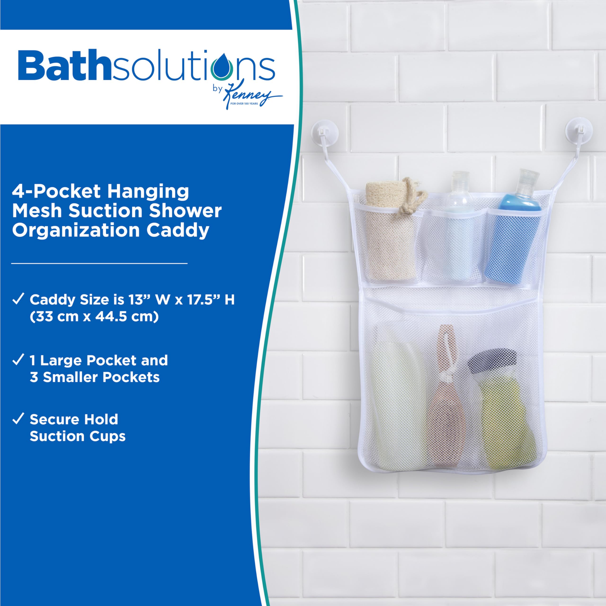 Kenney Hanging Mesh Suction Shower Caddy Organizer - White | Bathroom Storage for Shampoo, Soap & Accessories | Perfect for Small Spaces & Dorm Showers