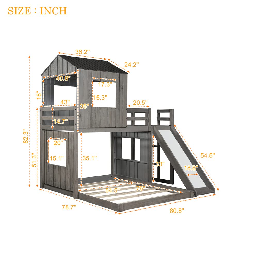 Solid Wood L-Shaped Twin Over Full Bunk Bed with Slide, Roof & 4 Windows - Full-Length Guardrails & Ladder - No Box Spring Needed - Antique Gray - Perfect for Kids' Bedroom, Guest Room & Space-Saving Home Decor